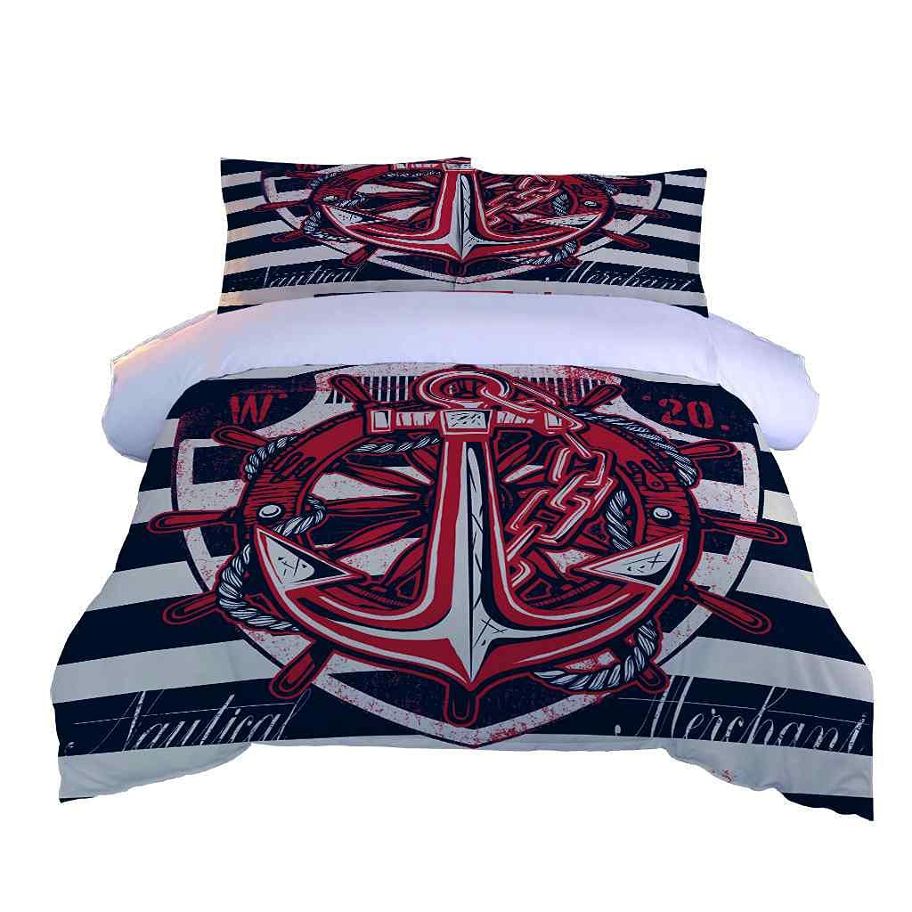 Queen Size 90x90 Inch Red Anchor Print Duvet Cover Set - Soft Microfiber Comforter Cover with Zipper Closure & Corner Ties, Includes 2 Pillow Shams | Modern Coastal Bedding for Guest Room & Master Bedroom Decor