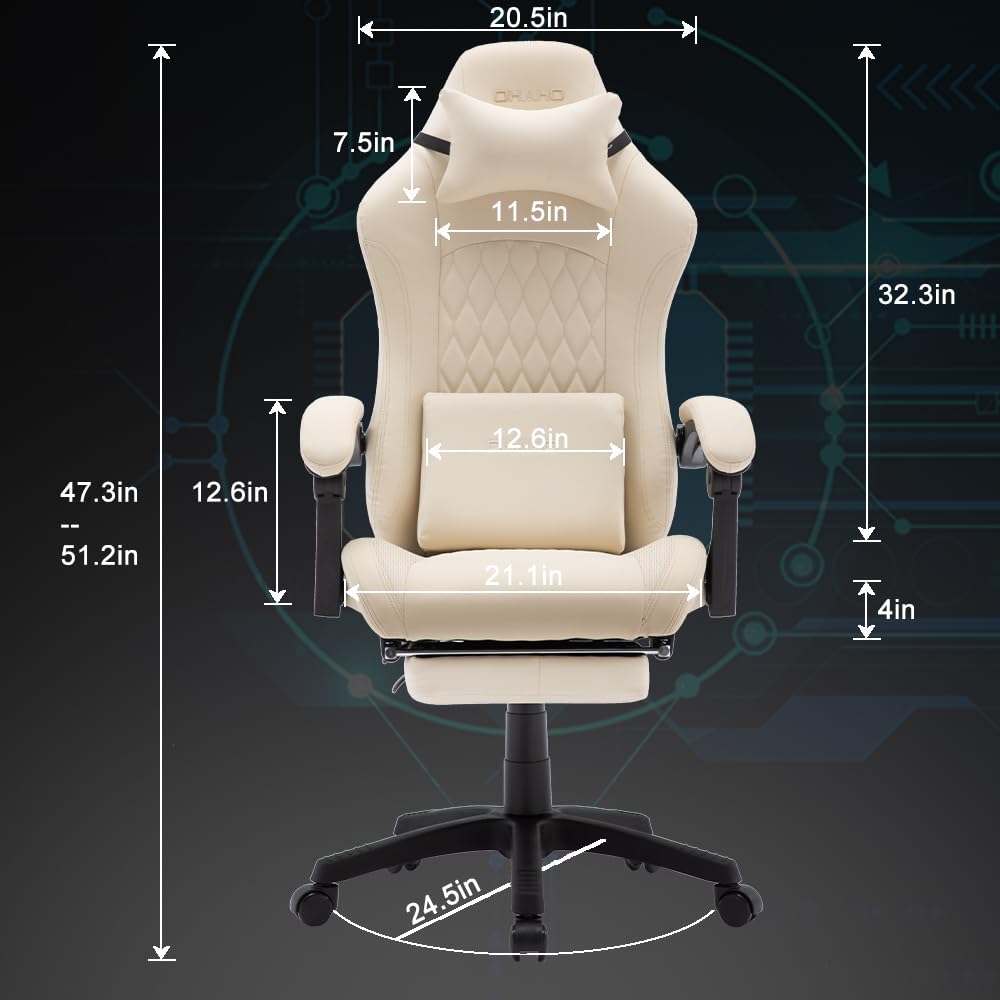 OHAHO Ergonomic Gaming Chair with Adjustable Lumbar Support & Footrest - 360° Swivel Height Adjustable Office Computer Chair with Headrest for PC Gamers & Home Office Workers (Beige) - Perfect for Long Gaming Sessions & Remote Work Comfort