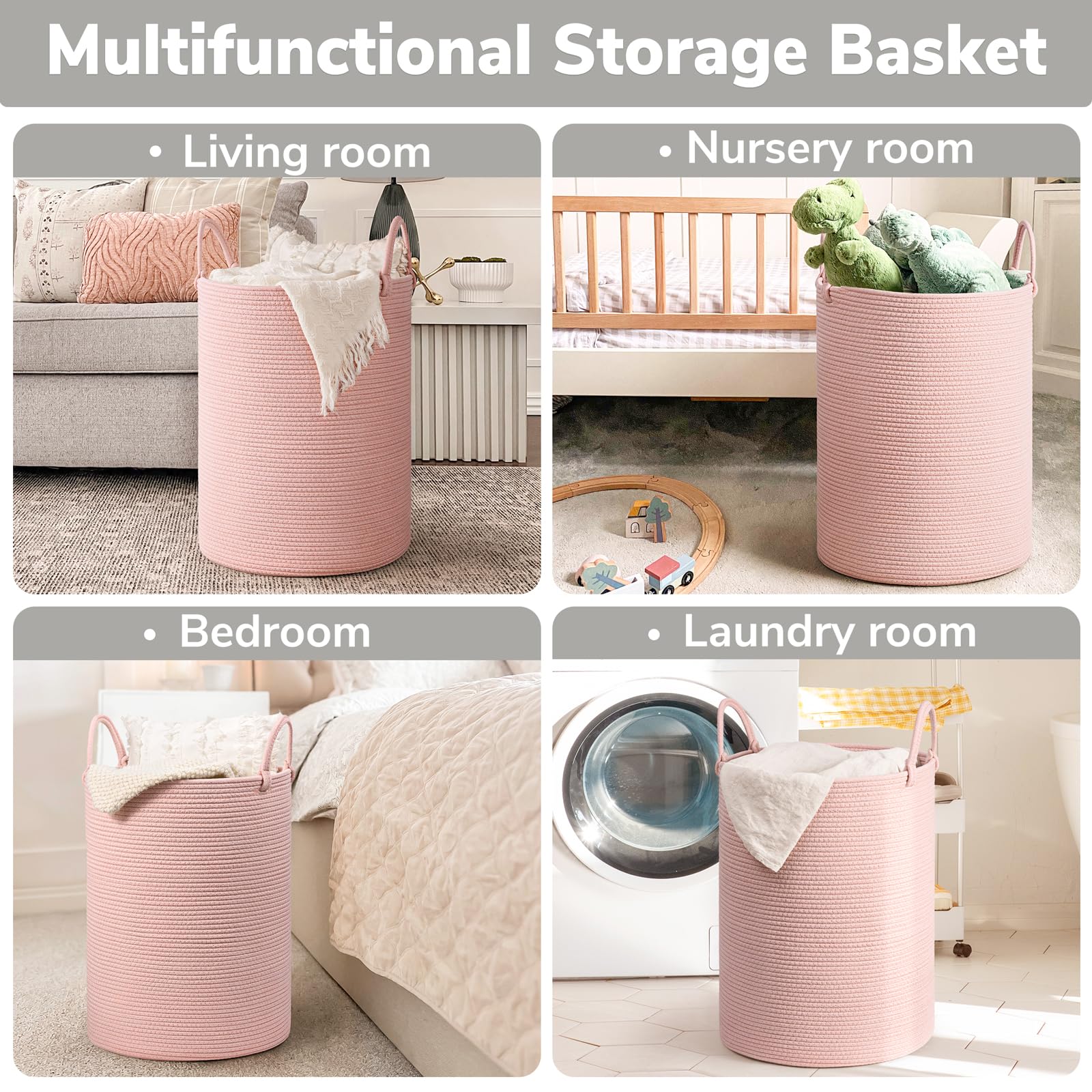 INDRESSME Pink Laundry Basket for Girls & Kids - Woven Rope Storage Hamper for Nursery, Bedroom & Living Room - Tall Toy & Blanket Organizer Bin (19.7 x 13.8 Inches) - Perfect for Kids' Room Decor, Clothes Storage & Playroom Organization