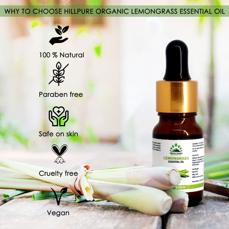 Hillpure Organic Lemongrass Essential Oil - 100% Pure Natural Aromatherapy Oil for Hair, Skin & Relaxation | 10ml | Perfect for Diffusers, Massage & DIY Beauty Products