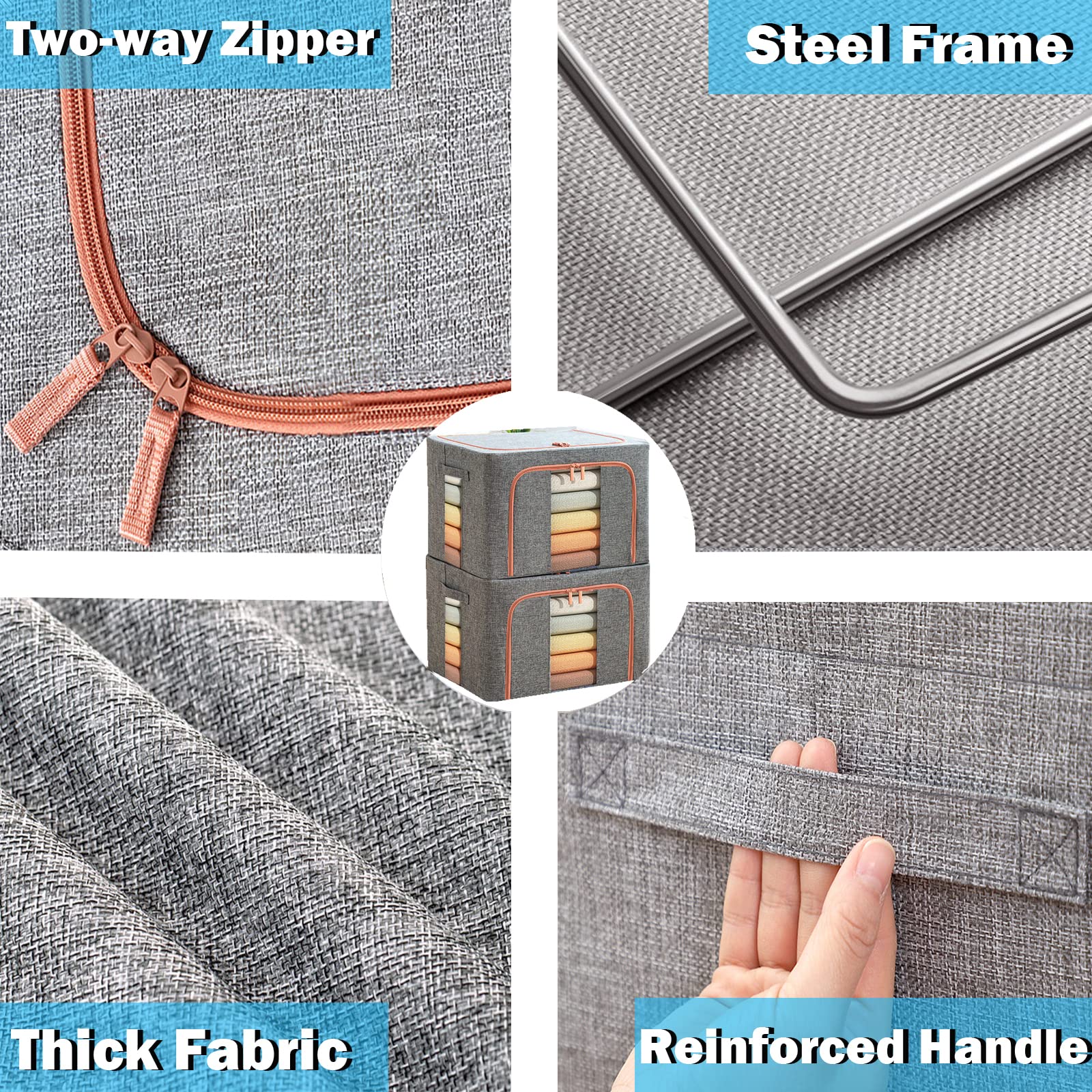 Stackable Clothes Storage Organizer Bags - 2 Pack Foldable Metal Frame with Zipper, Handles & Clear Window - 66L Gray Storage Containers for Blankets, Sweaters, Comforters & Pillows | Perfect for Closet, Bedroom & Seasonal Storage Organization