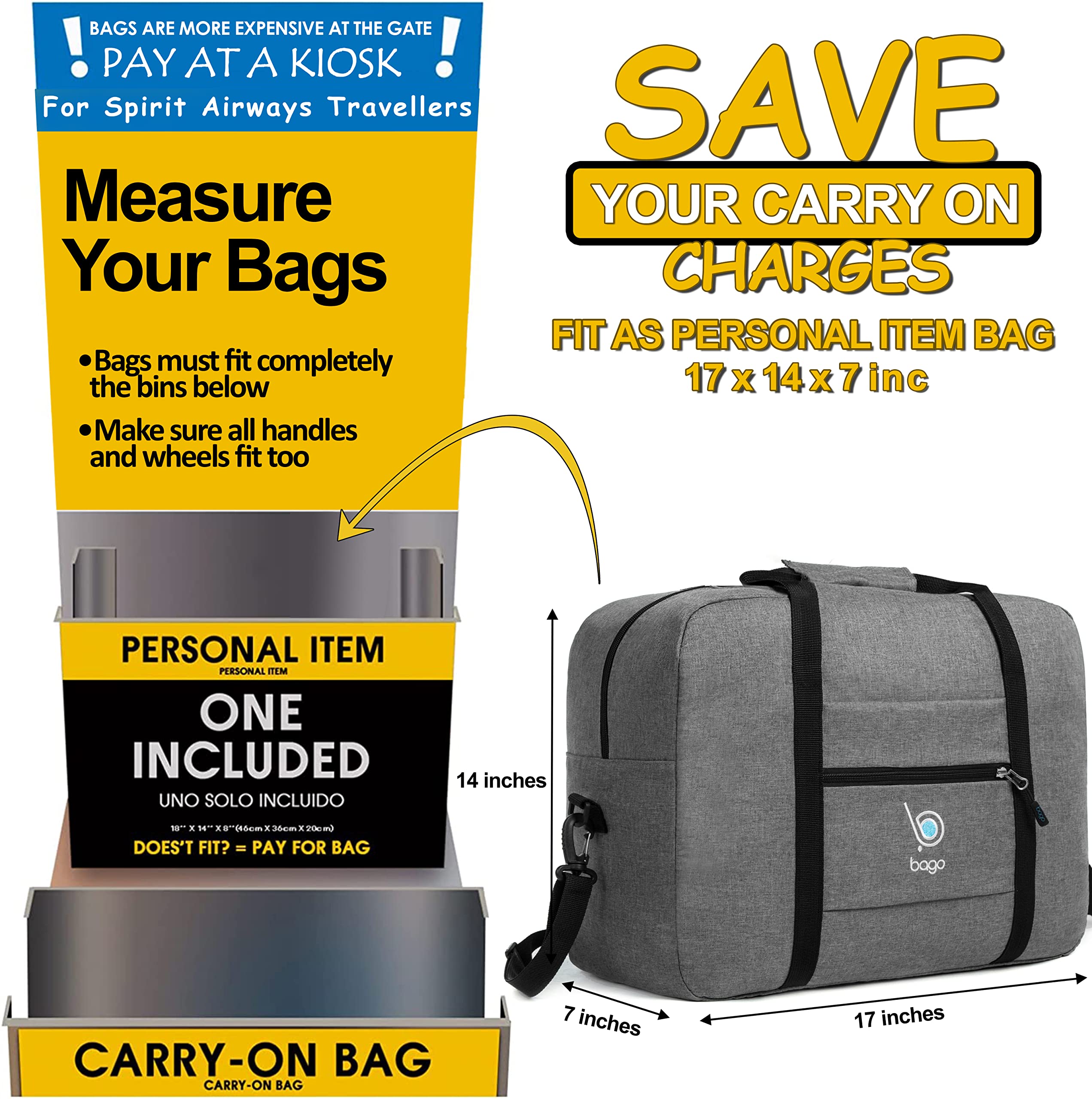 Foldable Duffle Bag 18x14x8 Inches - FAA Approved Personal Item Travel Bag for Spirit & Frontier Airlines - Lightweight Carry-On Luggage for Air Travel - Perfect for Weekend Getaways & Business Trips