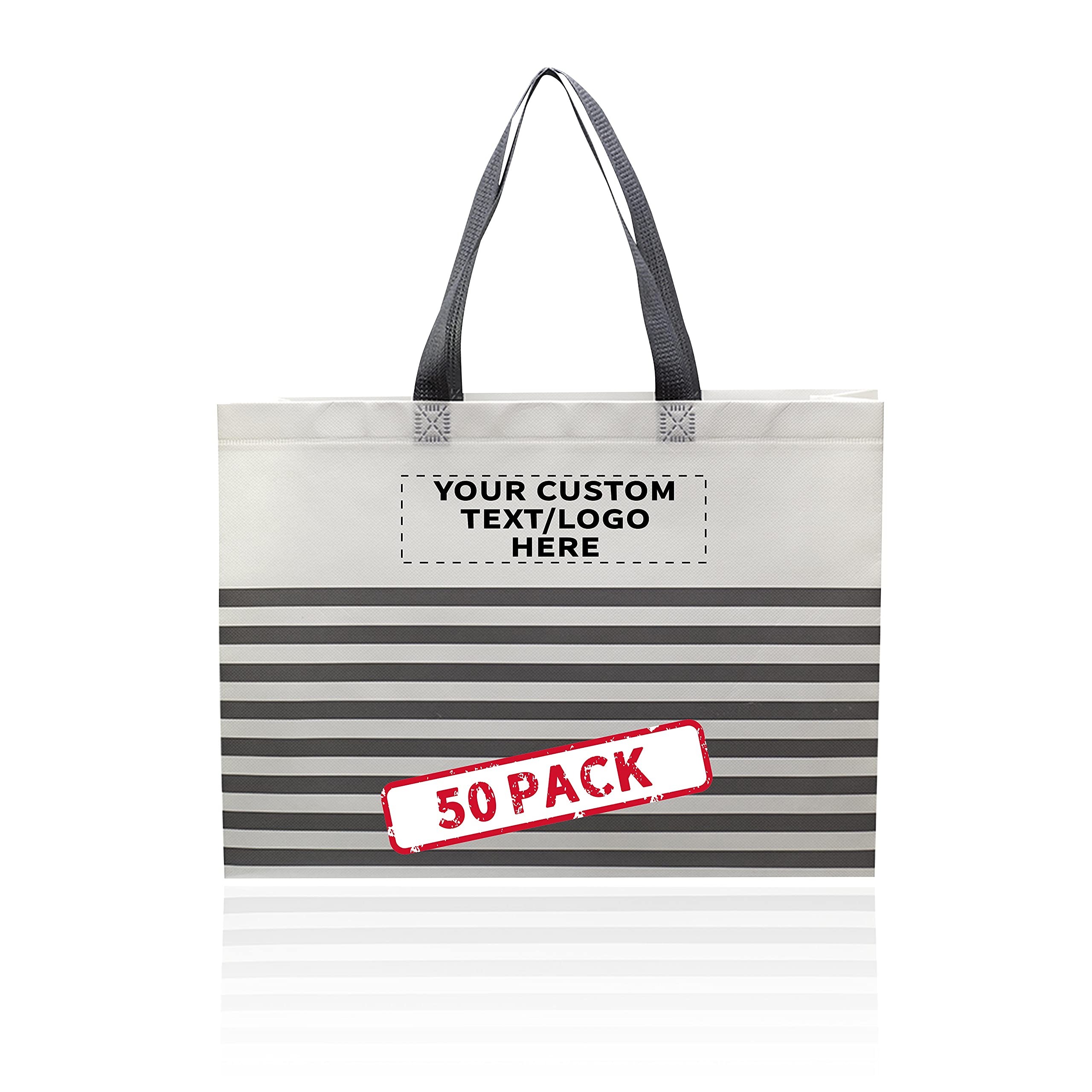 50 Pack Customizable Striped Tote Bags - Non-Woven Reusable Shopping Bags with Vibrant Colors - Bulk Beach Totes for Promotions, Events & Retail Use - Perfect for Groceries, Beach Trips & Corporate Gifts (Grey)