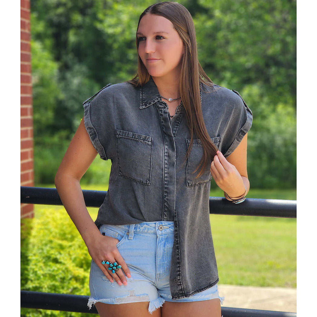 Andree Women's Slim Fit Charcoal Denim Shirt - Casual Long Sleeve Button Down Top for Work, Date Night & Everyday Wear