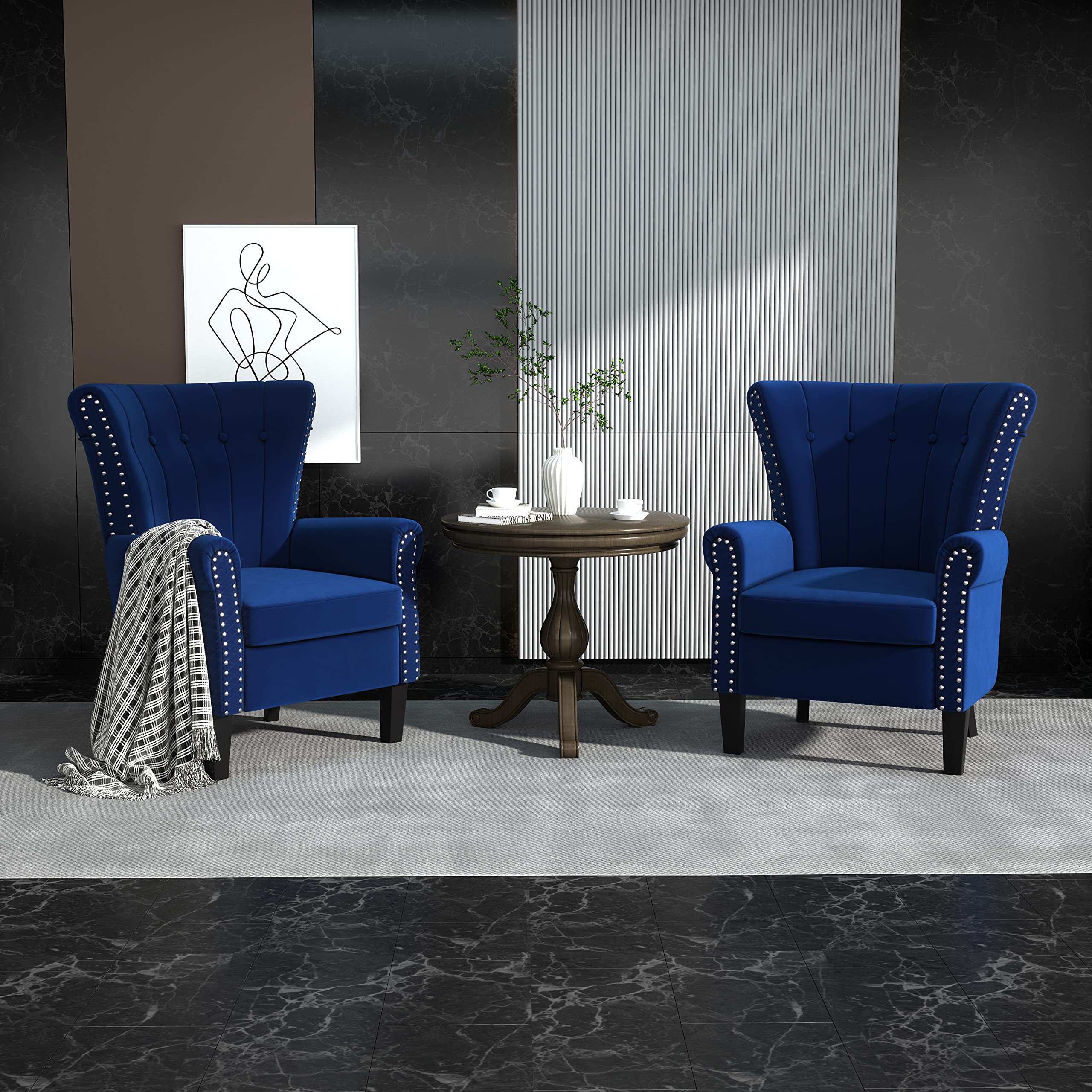 Velvet Tufted Wingback Armchair with Wood Legs for Living Room & Bedroom - Blue