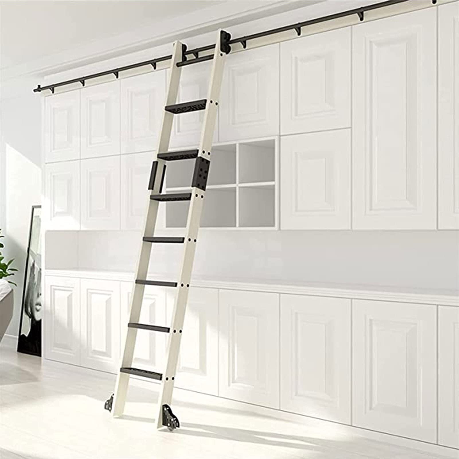 Black Steel Library Ladder Extension Rail 100/200/300/400/500/600 cm - Complete Sliding Ladder Hardware Kit (Ladder Not Included) - Perfect for Home Libraries, Loft Storage, and Warehouse Shelving Access