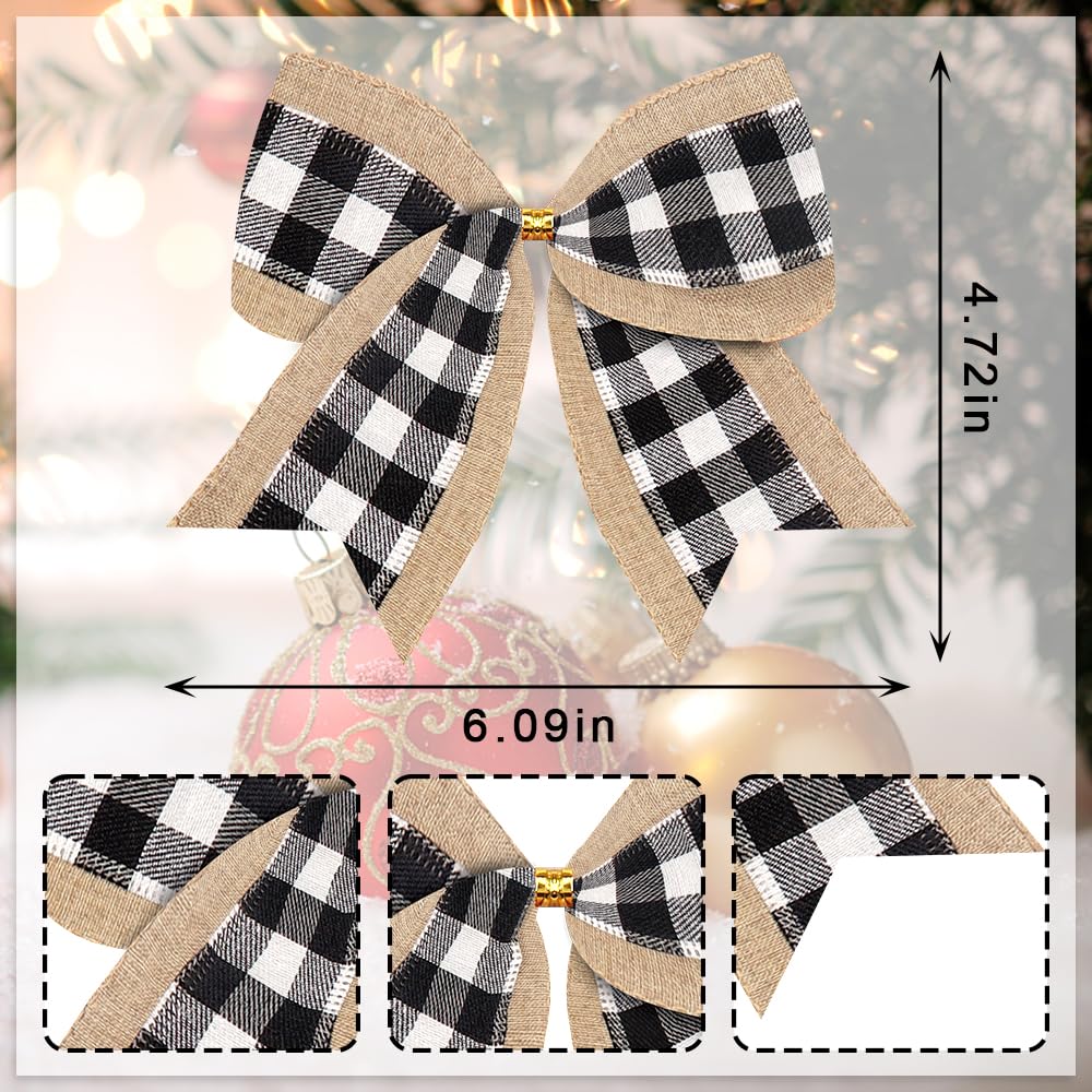 10 Pack Christmas Bows for Wreaths - Buffalo Plaid Snowflake Wreath Ornaments, Black & White Burlap Bows for Holiday Decorations (Perfect for Christmas Wreaths, Gift Wrapping, Tree Decor & Party Supplies)