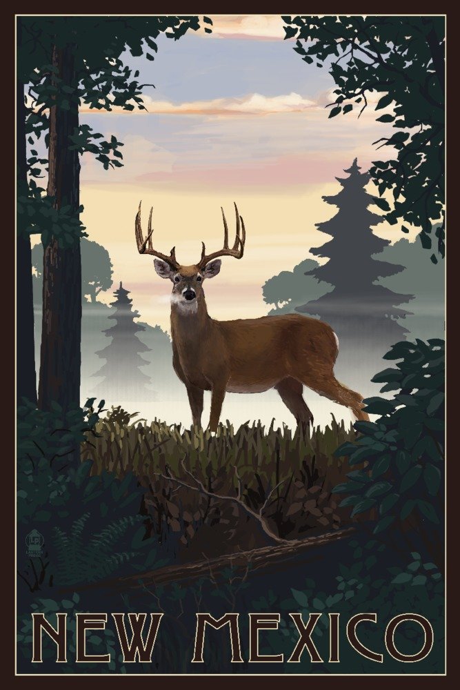 New Mexico Deer and Sunrise Art Print - 36x54 Giclee Gallery Quality Wall Decor, Travel Poster for Living Room, Bedroom & Office