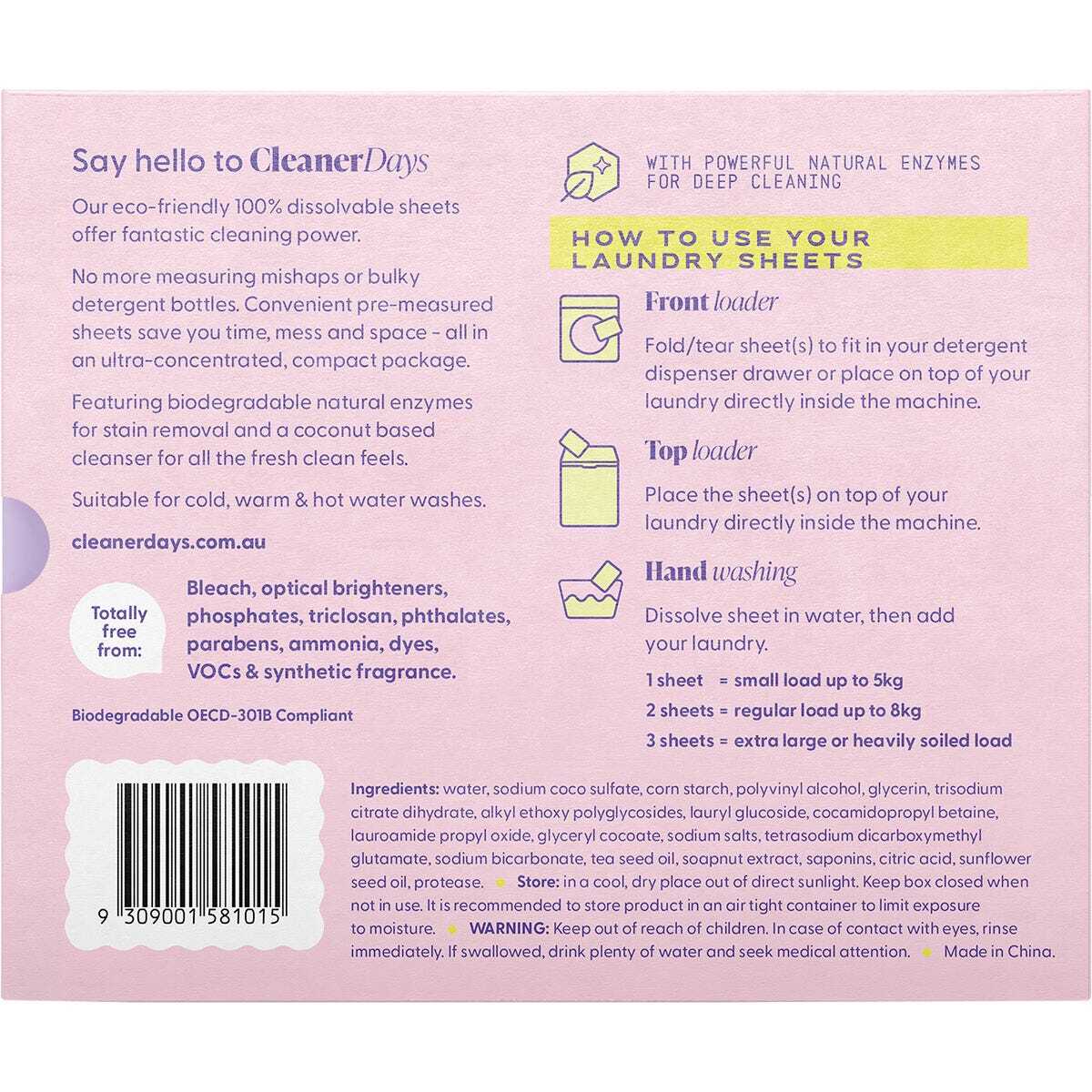Eco-Friendly Laundry Detergent Sheets - Fragrance Free & Hypoallergenic | Cleaner Days Biodegradable Wash for Sensitive Skin | Perfect for Travel, Gym & Baby Clothes