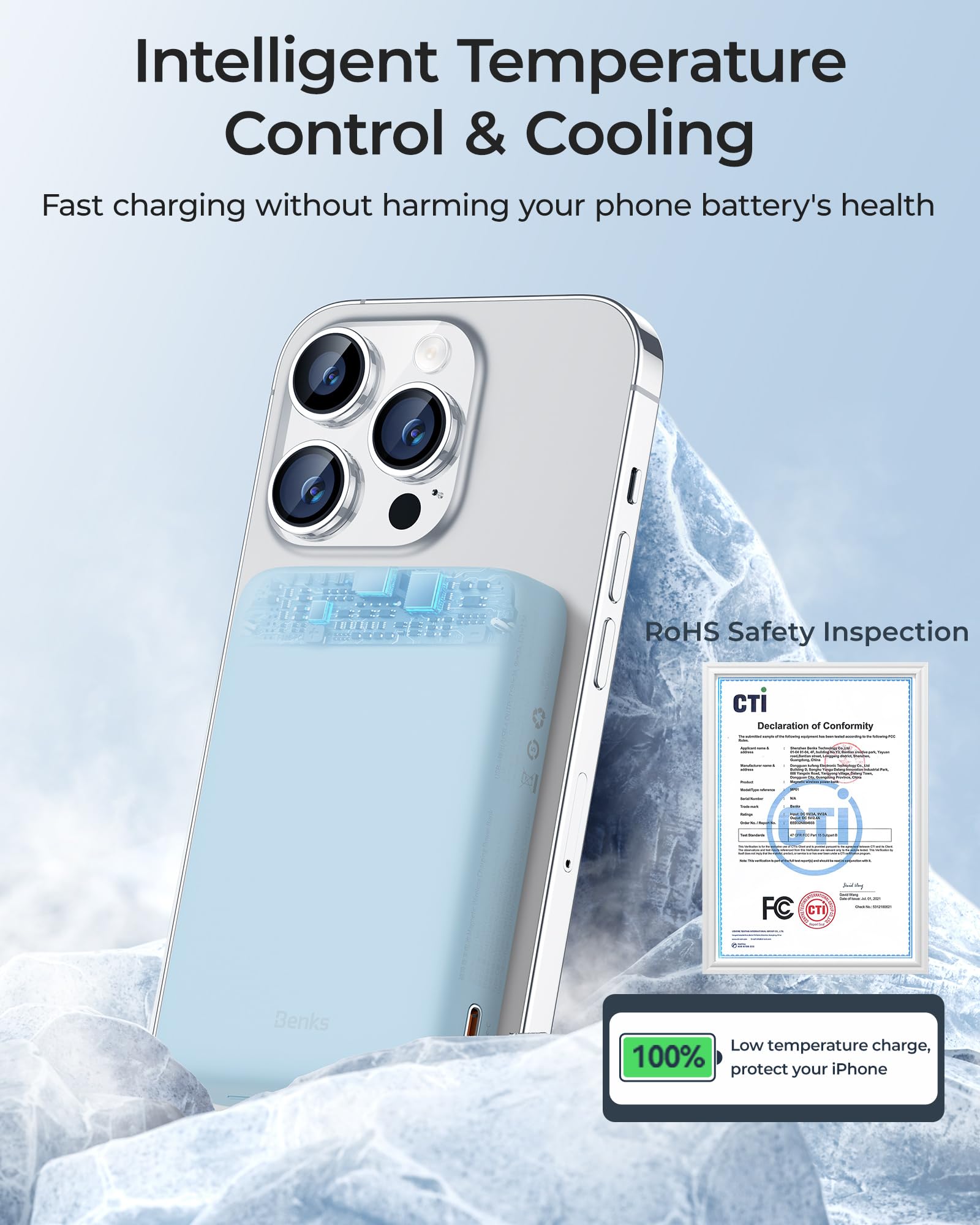 BENKS 10000mAh Magnetic Wireless Power Bank with 20W USB-C Ports | Portable Magsafe Charger for iPhone 15/14/13/12 Series | Fast Charging Battery Pack for Travel, Work & Outdoor Activities - Blue