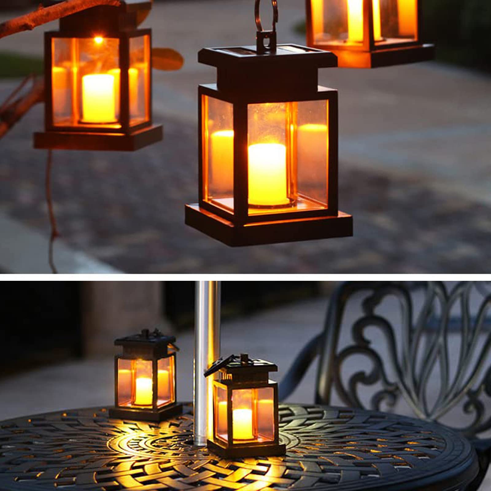 Solar Powered Outdoor Waterproof LED Lanterns - Flameless Flickering Candle Lights for Garden, Yard, Patio, Table & Umbrella Decor - Weatherproof Hanging Solar Lights for Camping, Parties & Outdoor Events