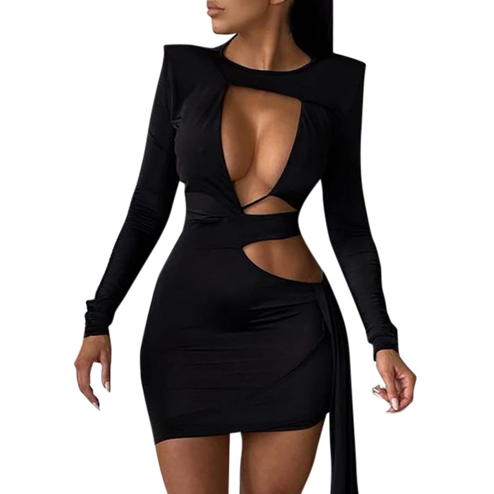 Chloefairy Women's Sexy Cutout Shoulder Mini Dress - Long Sleeve Hollow Out Bodycon Short Dress for Club, Cocktail Party & Night Out | Perfect for Date Night, Girls Night & Special Occasions