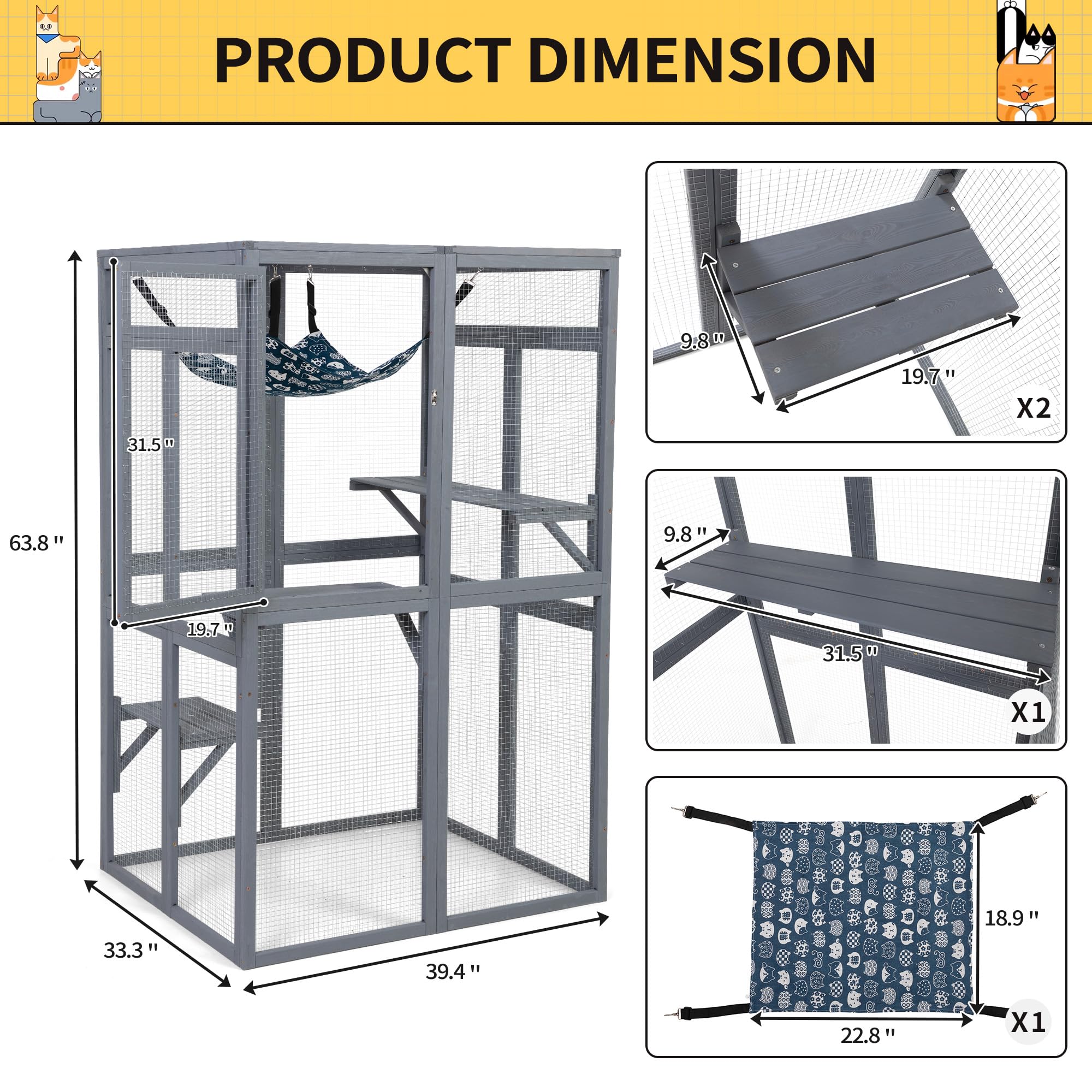 Outdoor Wooden Cat Enclosure - Grey Catio with Window Access for Patio & Indoor Kitty House | Perfect for Backyard, Balcony & Home Use