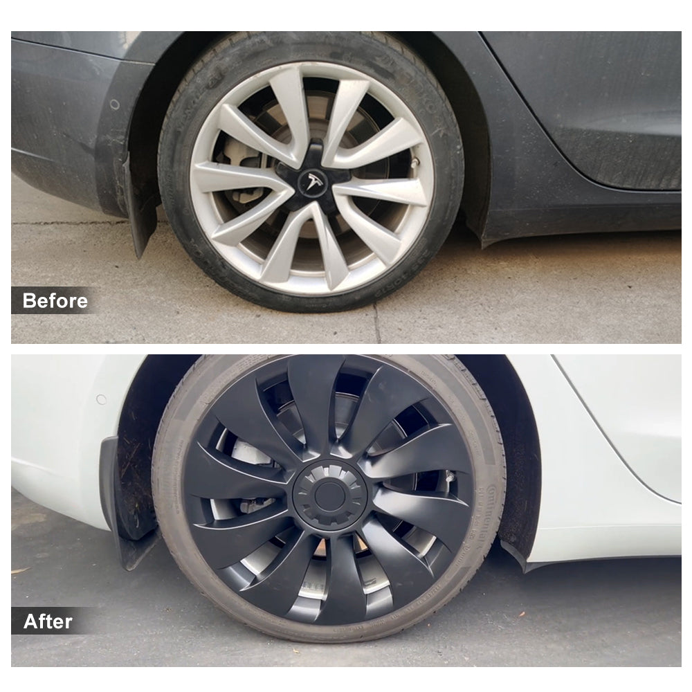 Tesla Model 3/Y Überturbine Style Wheel Covers - 18/19 Inch Alloy Wheel Protectors (Matte Black, 4-Piece Set) 2017+ | Perfect for Road Trips & Daily Commuting