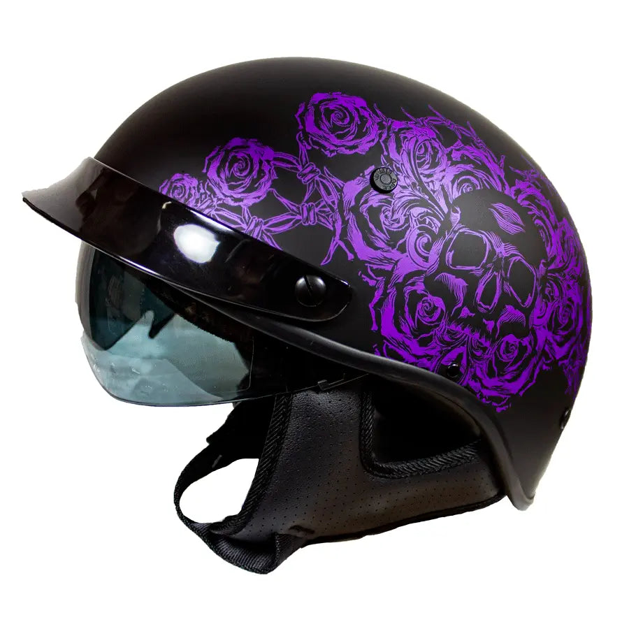 VOSS 707FRP Black Skull and Rose Half Helmet with Peak - DOT Approved Motorcycle Helmet for Men & Women - Perfect for Cruiser, Chopper, and Harley Riders