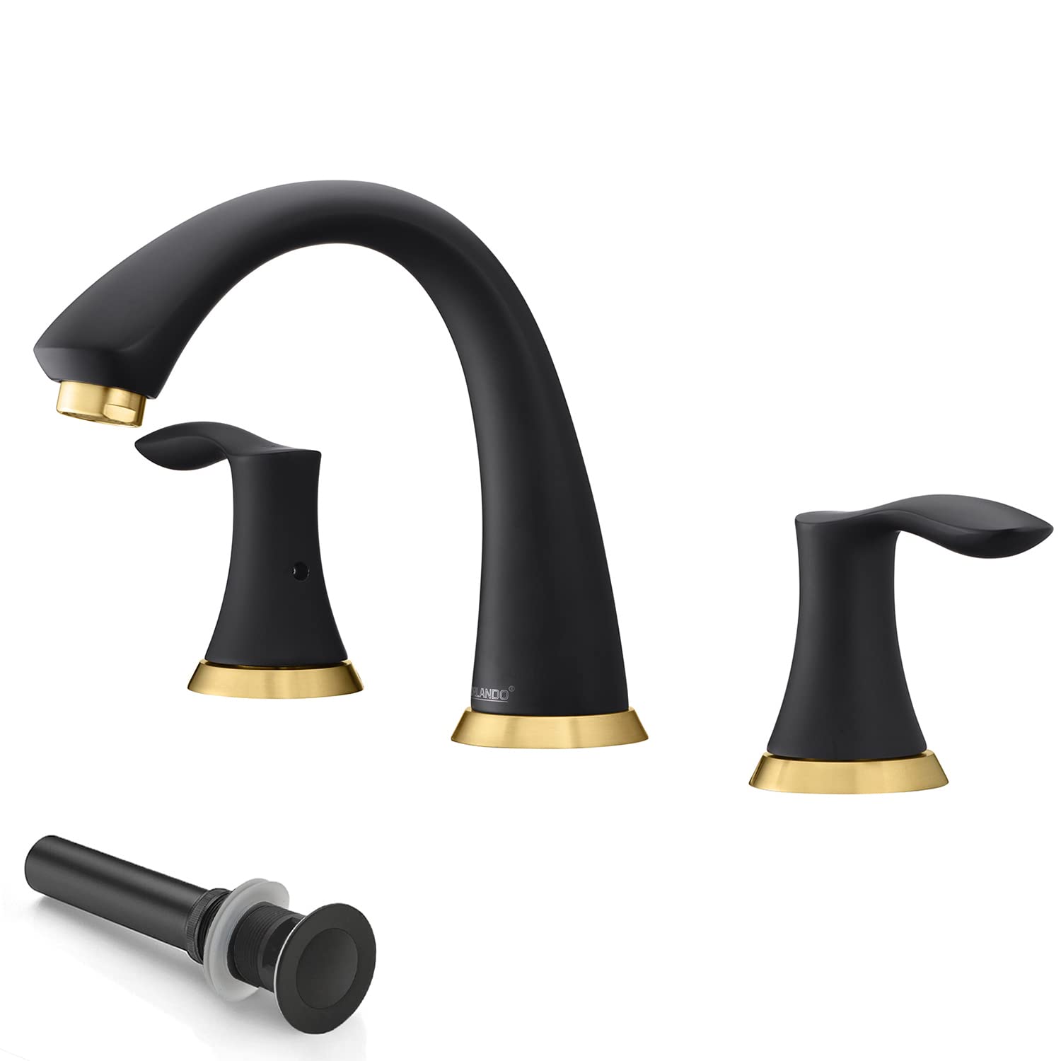 Orlando 8 Inch Widespread Bathroom Faucet - Black and Gold 3 Hole 2 Handle Vanity Sink Faucet with Drain Assembly for Modern Bathroom Renovation and Luxury Home Upgrade