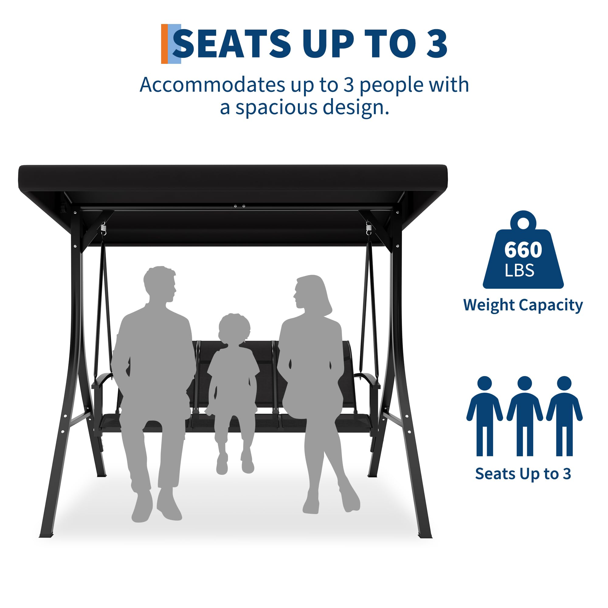 GARVEE 3-Seat Outdoor Patio Swing with Adjustable Canopy - Sturdy Steel Frame Porch Swing Chair for Backyard, Garden & Poolside - Perfect for Relaxing, Lounging & Enjoying Outdoor Spaces (Black)