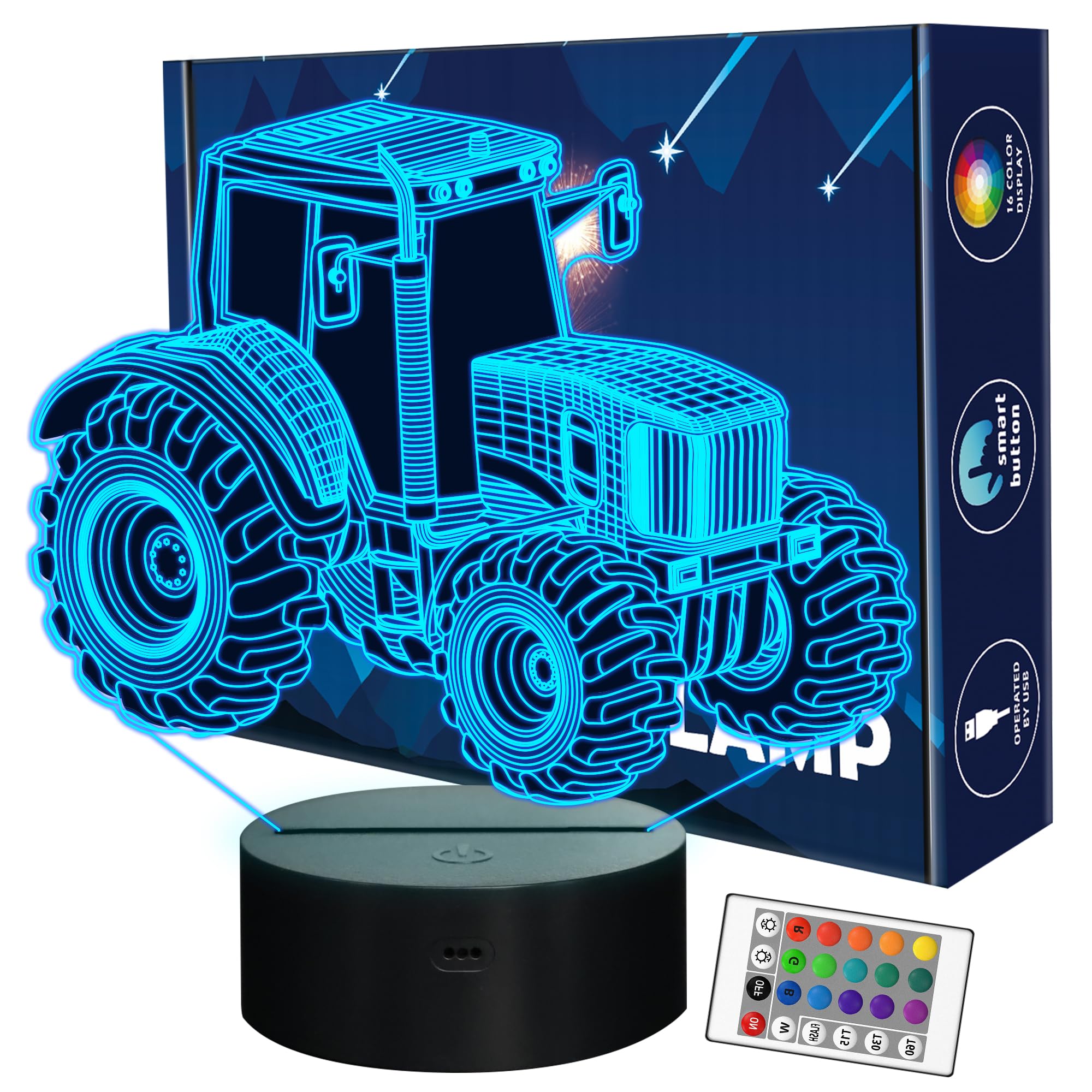 FULLOSUN 3D Illusion Night Light for Kids - 16 Color Changing Tractor Lamp with Touch Switch, Birthday Gift for Boys & Men, Bedside Table Lamp for Nursery & Bedroom Decor