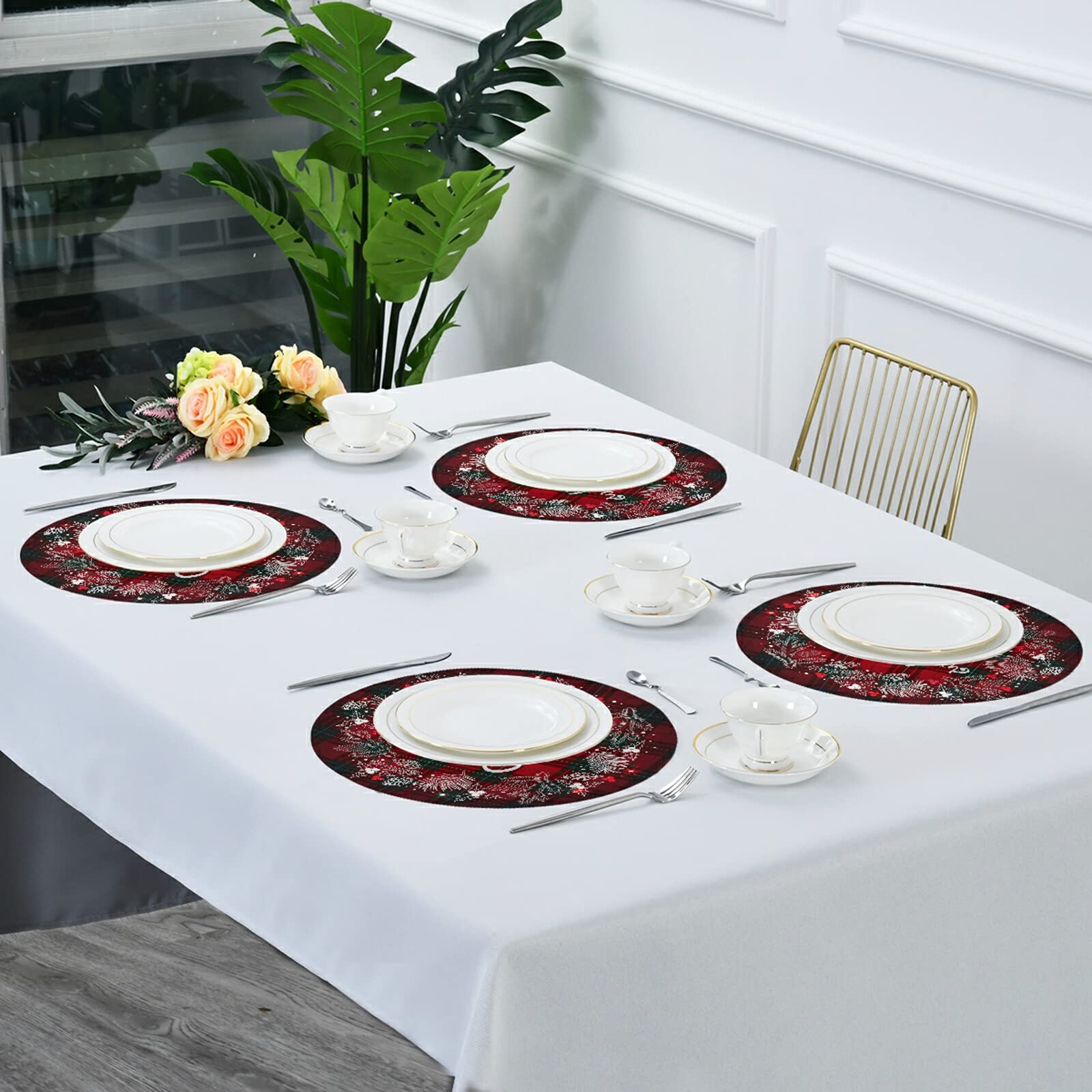 Kcldeci Christmas Round Placemats Set of 4 - 15 Inch Buffalo Check Plaid Wreath Design, Heat Resistant & Easy Care Holiday Dining Table Mats for Christmas Dinner, Party Decor & Festive Home Decor