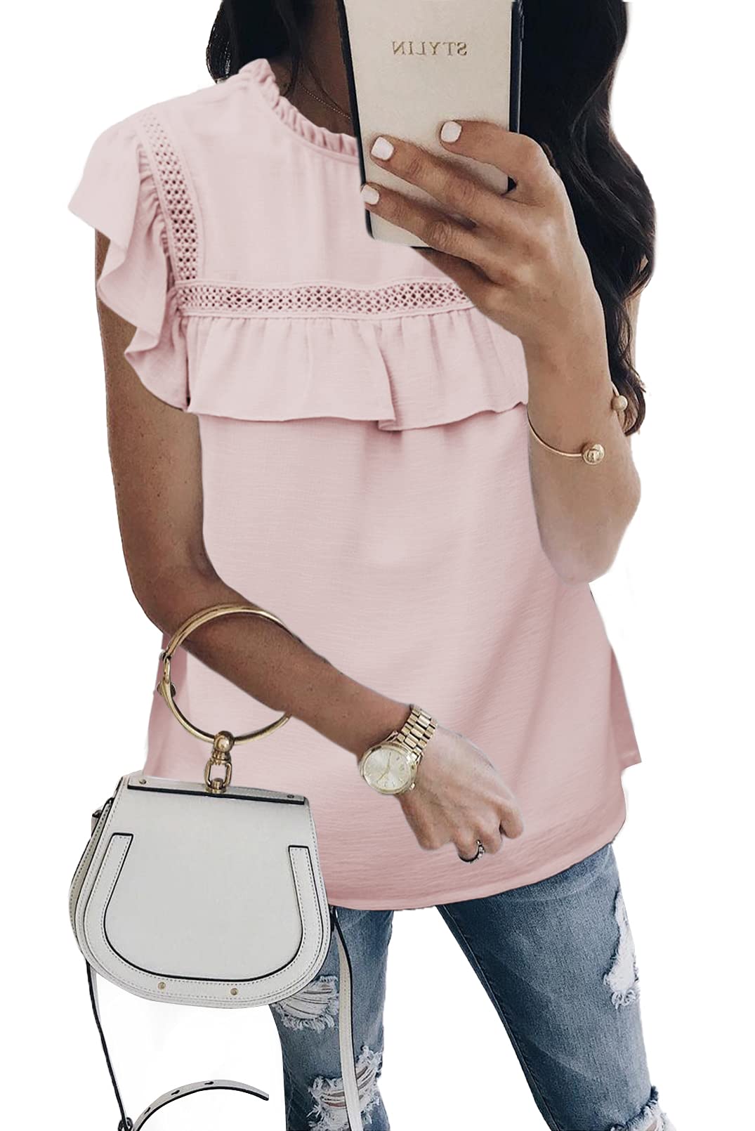 Jillumi Women's Summer Short Sleeve Ruffle Blouse - Mock Neck Cute Casual Babydoll T-Shirt for Beach, Vacation & Everyday Wear