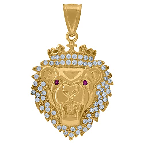 10K Yellow Gold Men's Pink CZ Cubic Zirconia Simulated Diamond Zodiac Leo Lion Head Crown Pendant Necklace - Perfect Birthday Gift for Him, Anniversary Present & Stylish Jewelry for Special Occasions