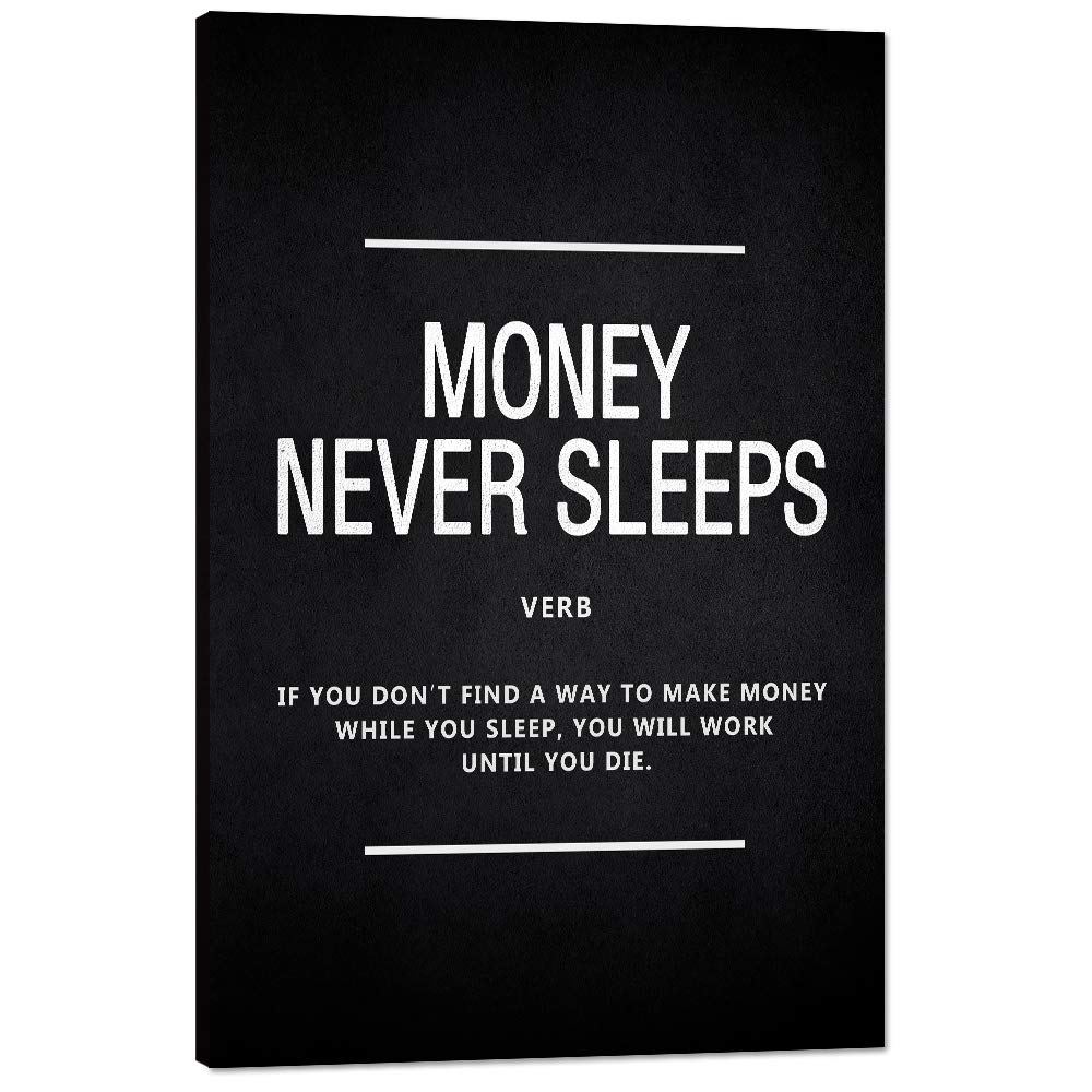 Modern Money Quote Motivational Canvas Print - 'Money Never Sleeps' Inspirational Office Wall Art, Framed & Easy to Hang (24x36 Inches) - Perfect for Office, Classroom, or Home Decor