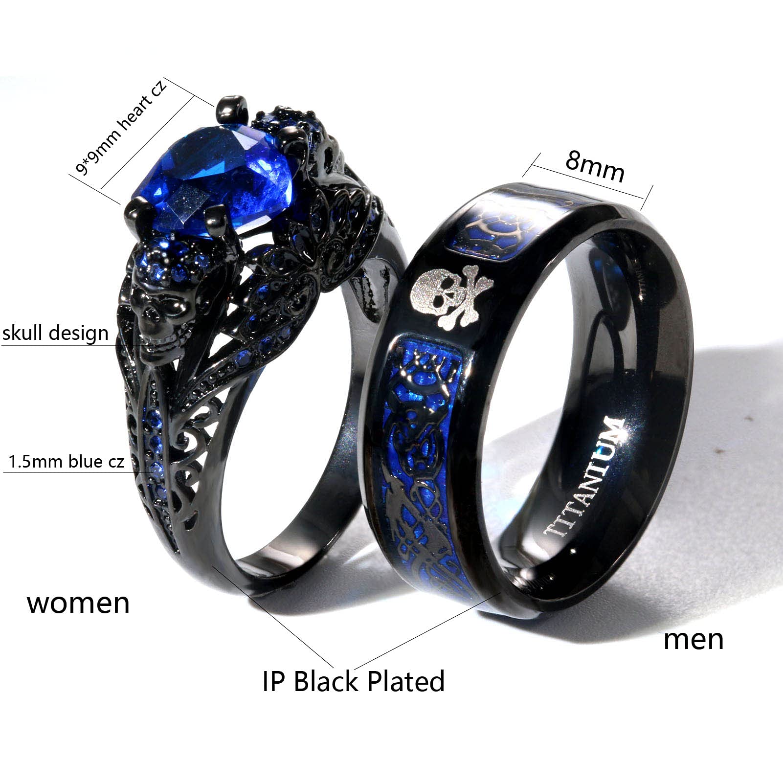 His and Hers Matching Skull Couple Rings - Gothic Punk Titanium Steel Wedding Bands for Men & Women with Heart Red CZ Stones - Perfect for Valentine's Day, Anniversary Gifts, and Alternative Wedding Jewelry
