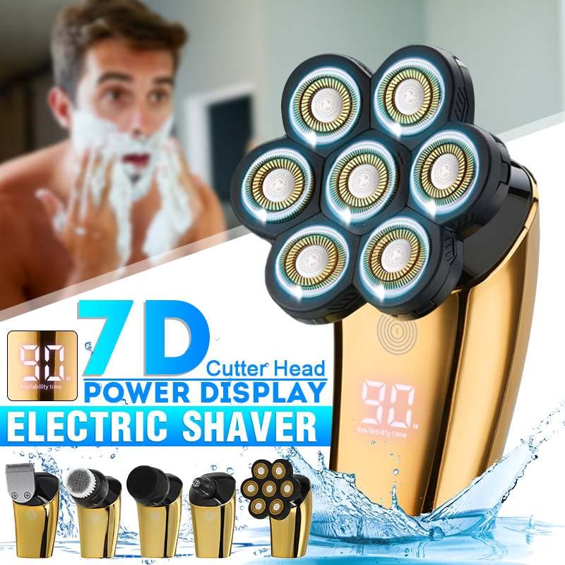 7D Rechargeable Electric Head Shaver for Bald Men - 7-in-1 Multifunctional Shaver with Floating Heads, Beard Trimmer, Nose & Ear Hair Clipper, Facial Brush - Perfect for Travel, Gym & Daily Grooming (Electric Shaver Set)