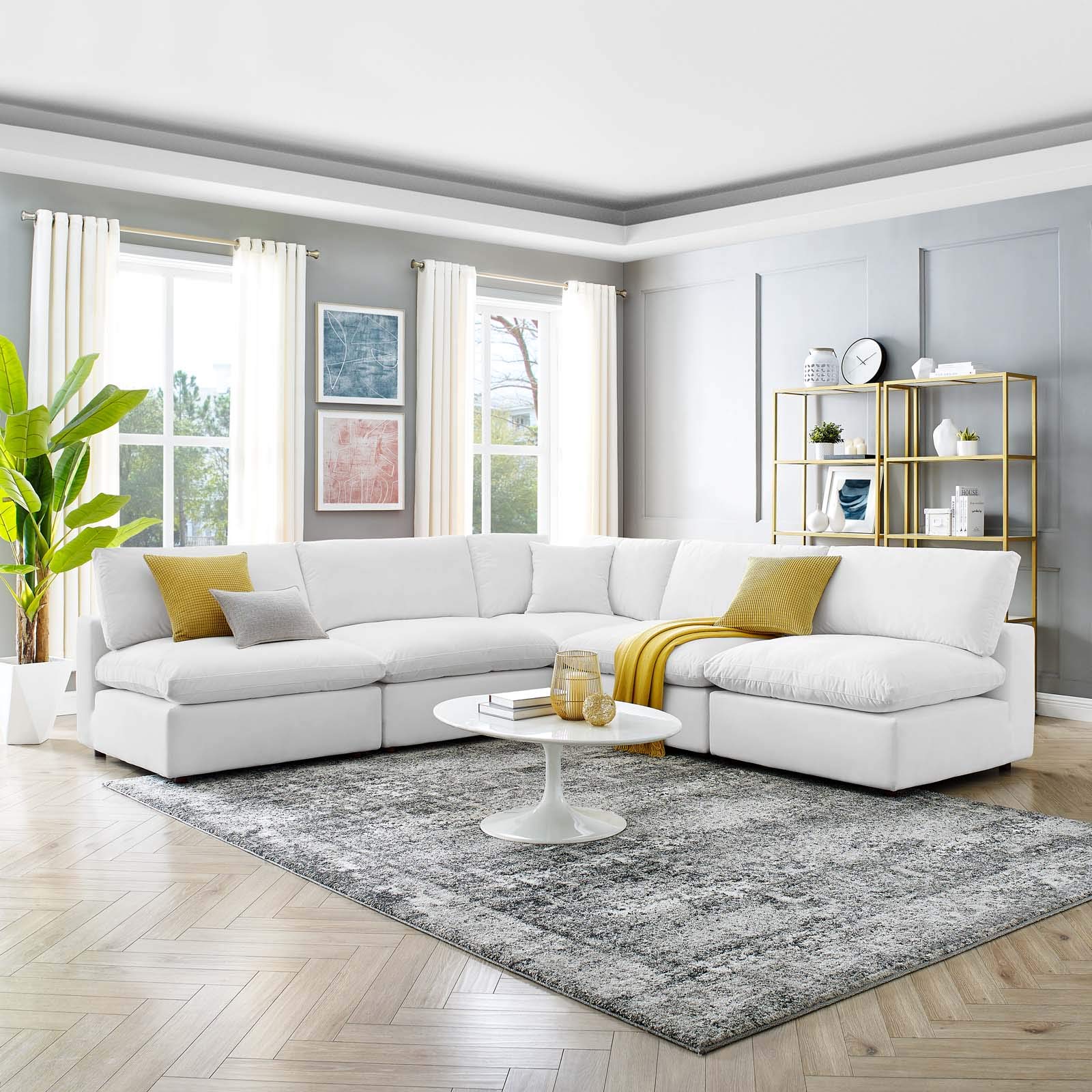 Modway Commix 5-Piece Sectional Sofa Set - Down-Filled Overstuffed Performance Velvet Couch for Living Room, Lounge & Home Theater Comfort