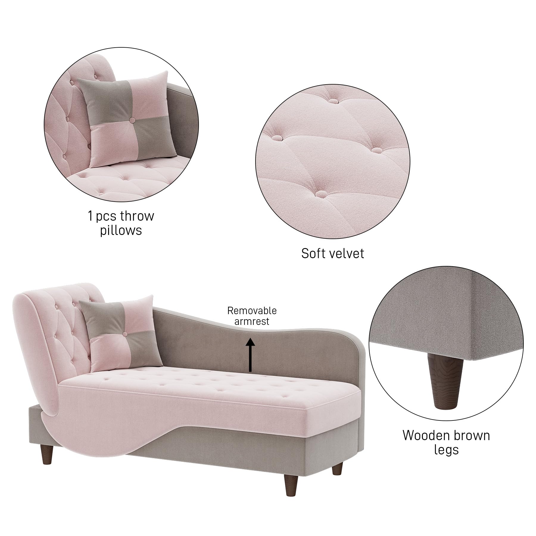 OUYESSIR Velvet Upholstered Adjustable Chaise Lounge Sofa with Storage & Pillow - Button Tufted Recliner for Living Room, Bedroom, Office (Pink/Gray) - Perfect for Small Space, Reading Nook & Home Theater Seating