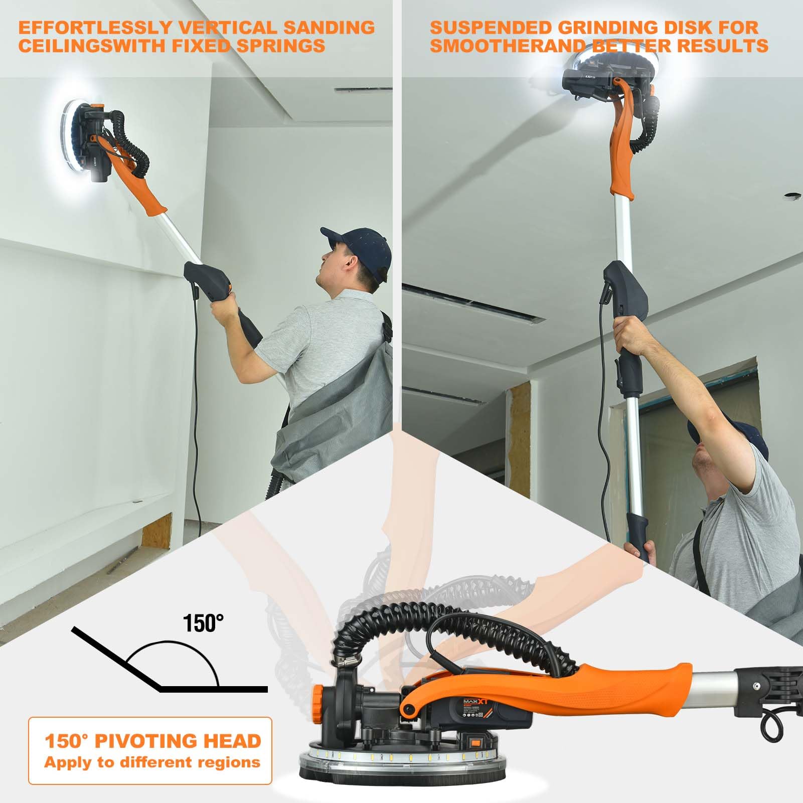 MAXXT Electric Drywall Sander with Vacuum Dust Collection - 6-Speed Adjustable (600-1900RPM) Wall Sander for Popcorn Ceiling Removal, Includes LED Light & 18 Sanding Discs - Perfect for Home Renovation, Drywall Repair and DIY Projects