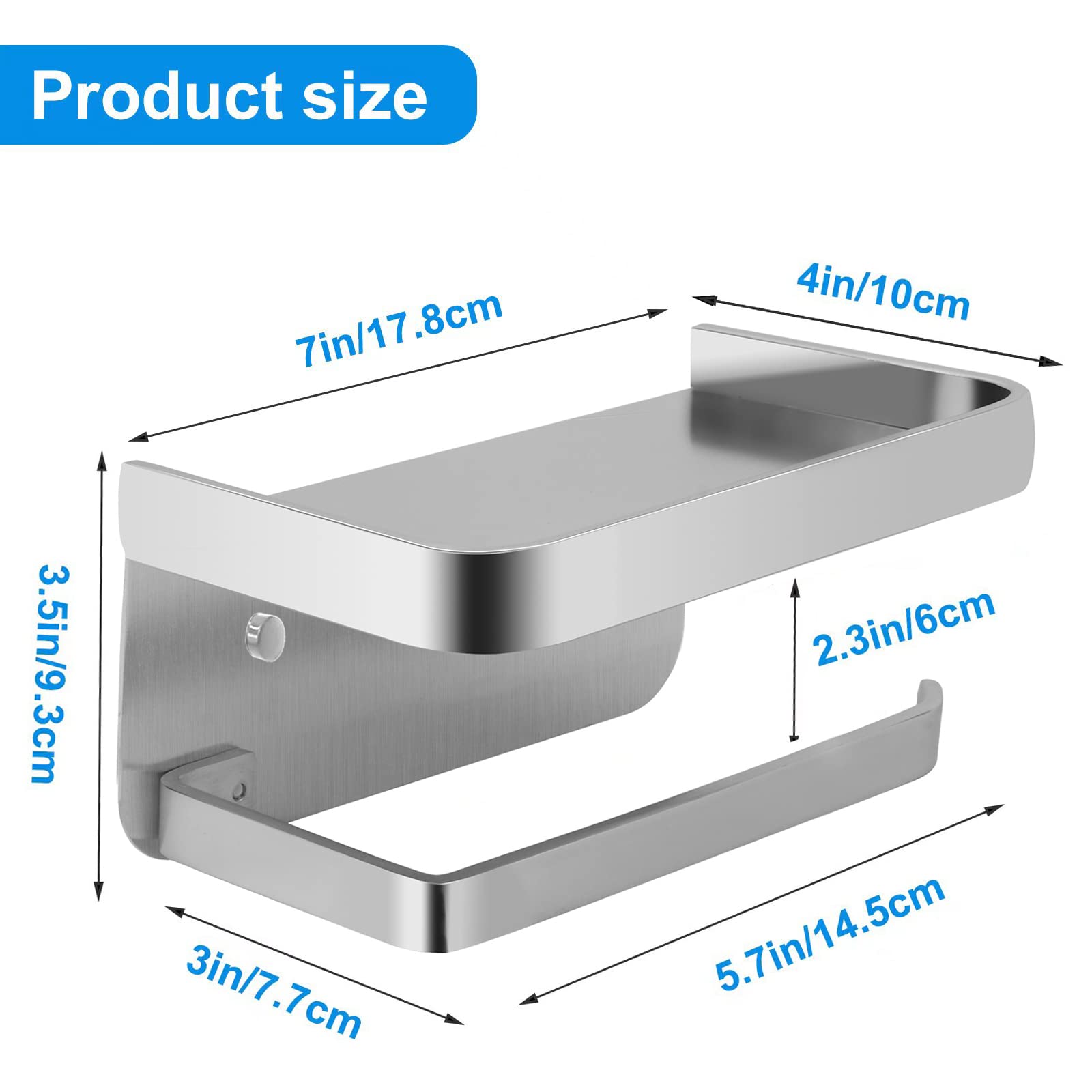 Brushed Nickel Toilet Paper Holder with Shelf - SUS 304 Stainless Steel Adhesive Bathroom Tissue Roll Holder - Modern Space-Saving Design for Small Bathrooms, RVs & Apartments
