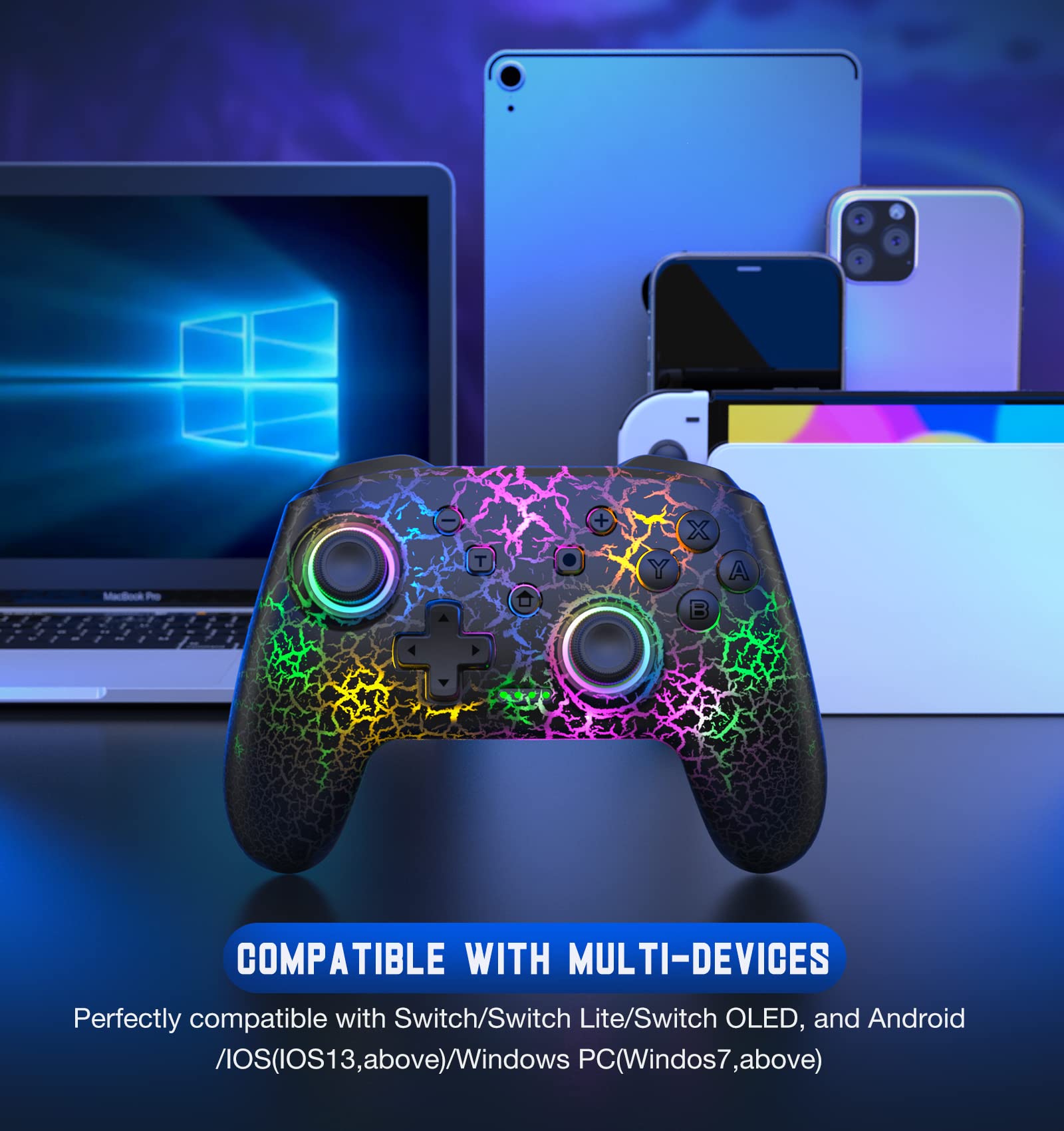 Wireless Switch Pro Controller for Switch/Lite/OLED - 9 Color LED, PC/Android/iOS Compatible for Gaming & Streaming