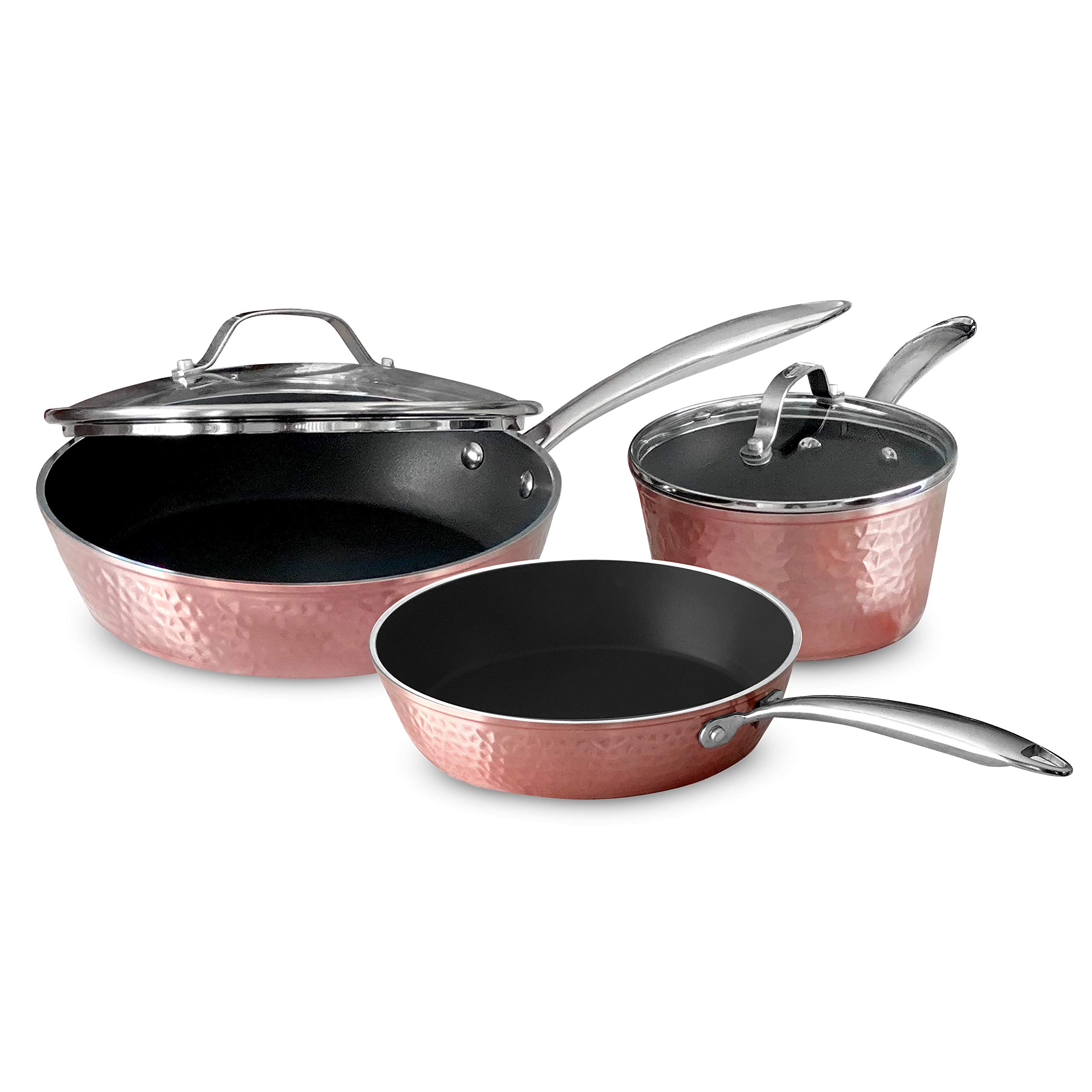 OrGREENiC Rose Hammered Non-Stick Ceramic Cookware Set - 5 Piece Kitchen Pots and Pans with Lids | Even Heat Distribution | Dishwasher, Oven & Stovetop Safe | Perfect for Sauteing, Boiling, Frying & Everyday Cooking