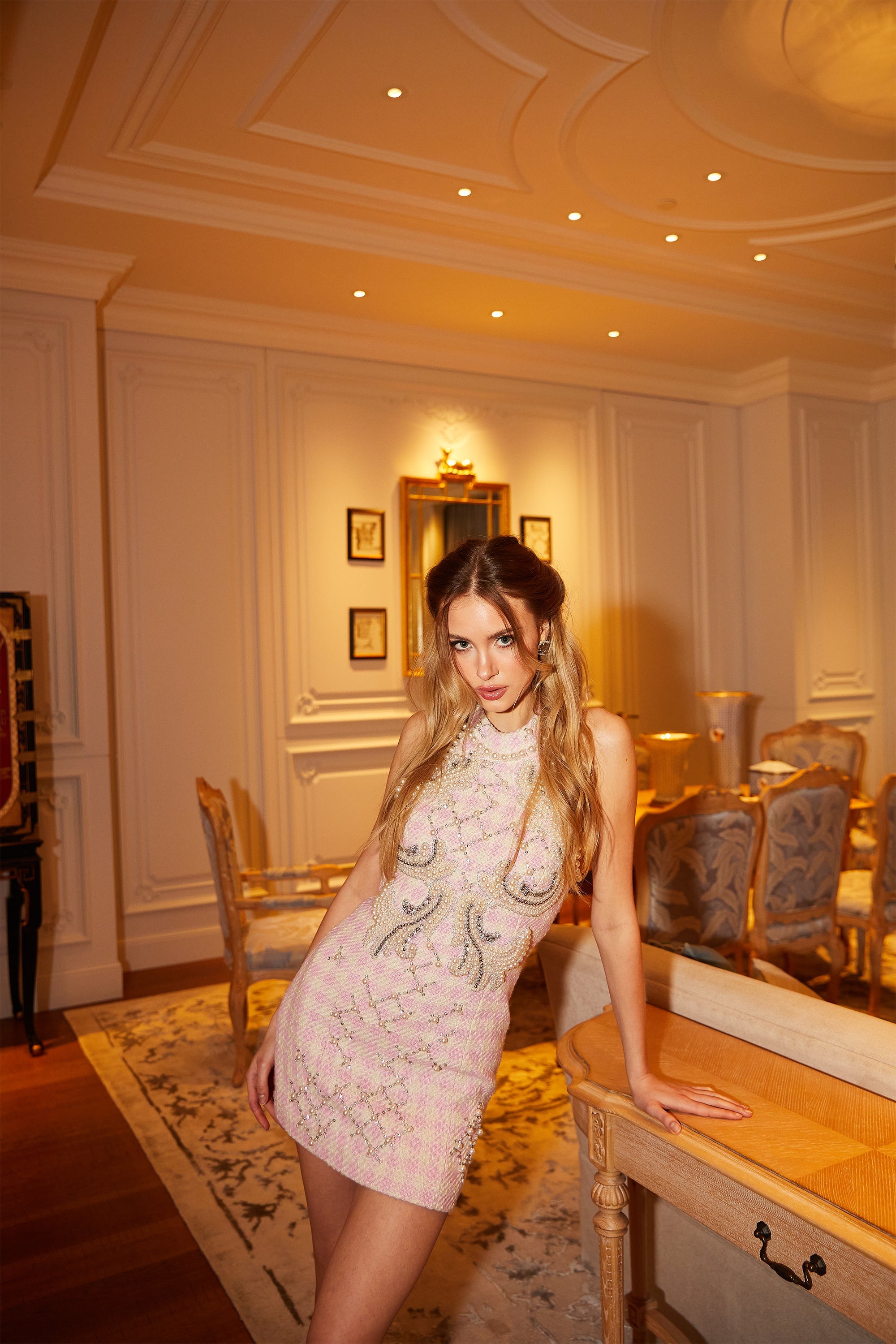 Elegant Capucine Pearl Embellished Mini Dress for Women | Perfect for Cocktail Parties, Weddings & Special Occasions