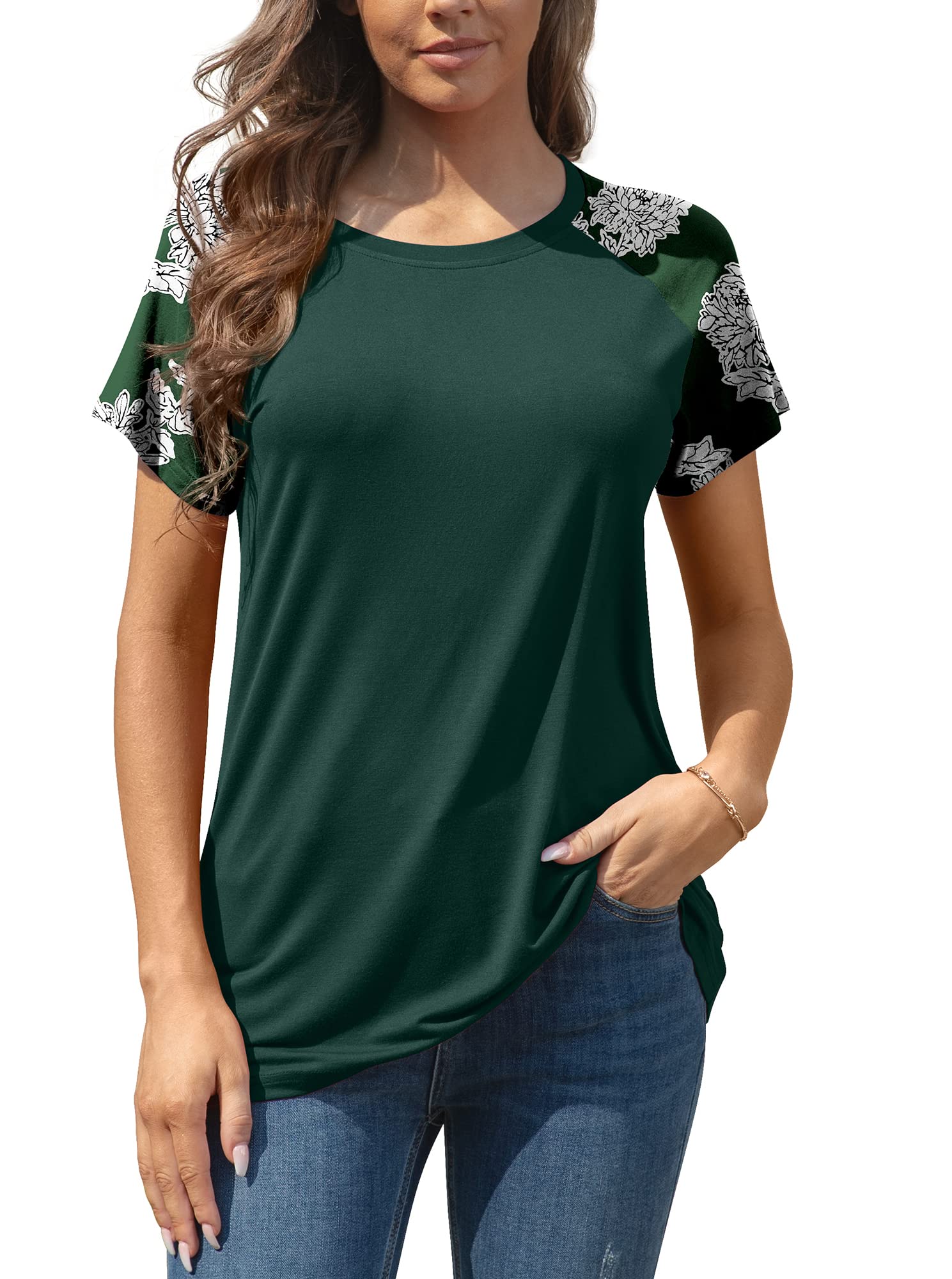 AYIFU Women's Casual Floral Print Raglan T-Shirt - Long & Short Sleeve Crew Neck Tunic Top for Everyday Wear, Work & Weekend Outfits