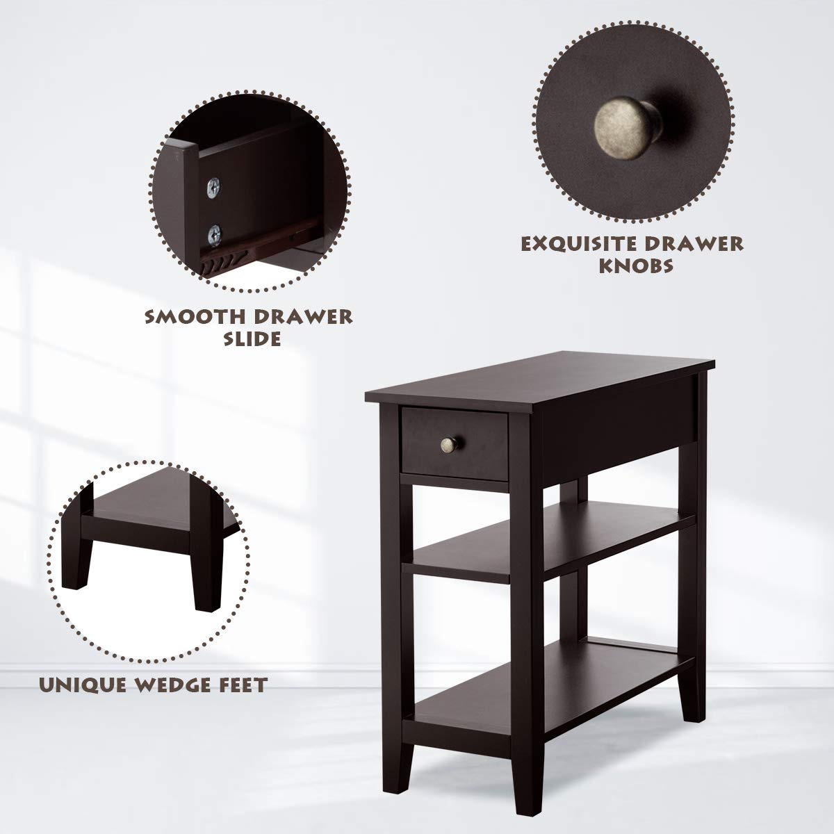 Giantex Narrow End Table Set of 2 - Small Side Table with Drawer & Shelf, Wood Accent Sofa Table & Skinny Nightstand for Small Spaces - Espresso Finish - Perfect for Living Room, Bedroom & Apartment Decor