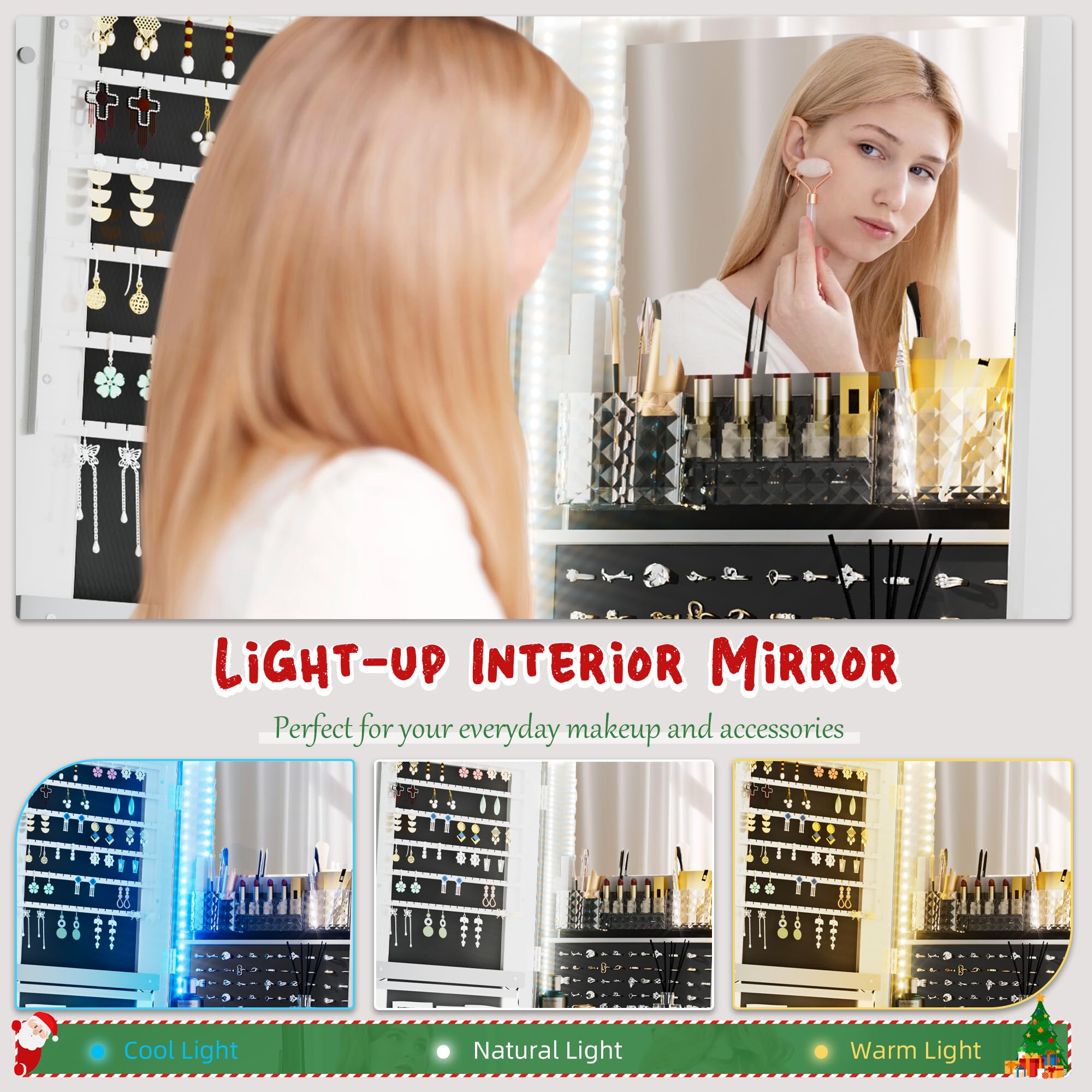 NUNU LAB LED Mirror Jewelry Cabinet Standing - Full Length Adjustable LED Lighted Jewelry Armoire with 360° Swivel, Lockable Storage Organizer (White) | Perfect for Bedroom Vanity, Dressing Room & Closet Organization