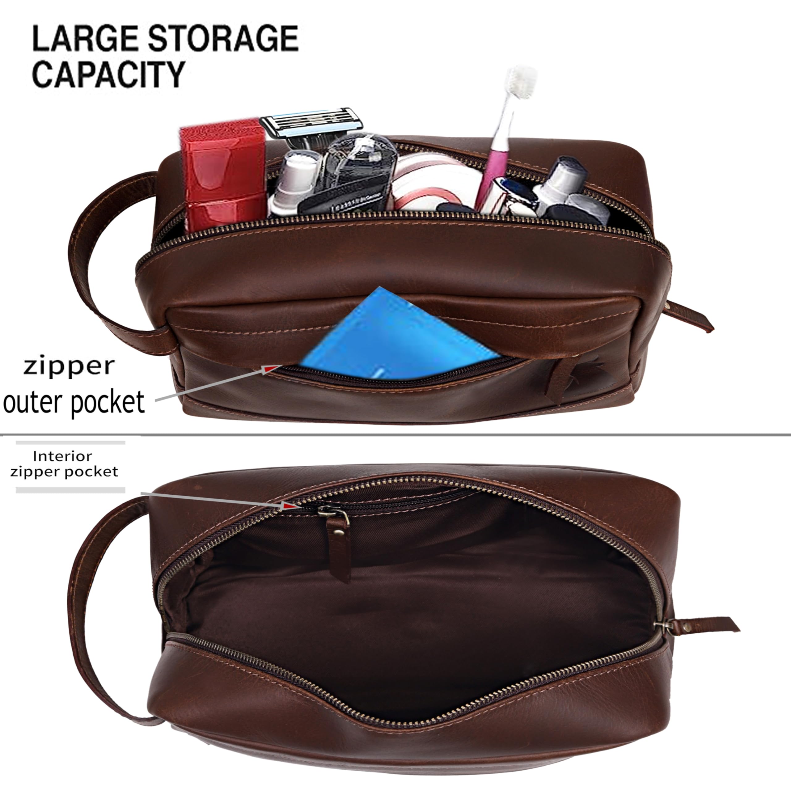 Premium Buffalo Leather Toiletry Bag for Men & Women - Travel Shaving Pouch, Makeup Bag, Zipper Dopp Kit - Unisex Wash Bag & Grooming Gift - Perfect for Travel, Camping, Gym & Daily Use
