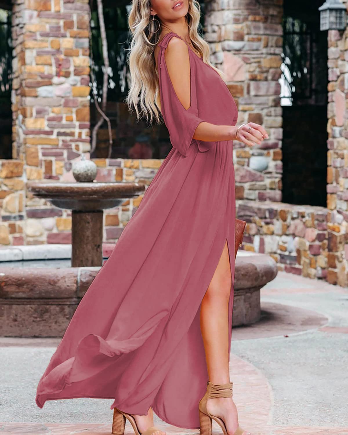 DEEP SELF Women's Summer V-Neck Cold Shoulder Short Sleeve Maxi Dress - High Waist Split Wedding Guest Long Dress for Beach Party, Vacation & Special Occasions