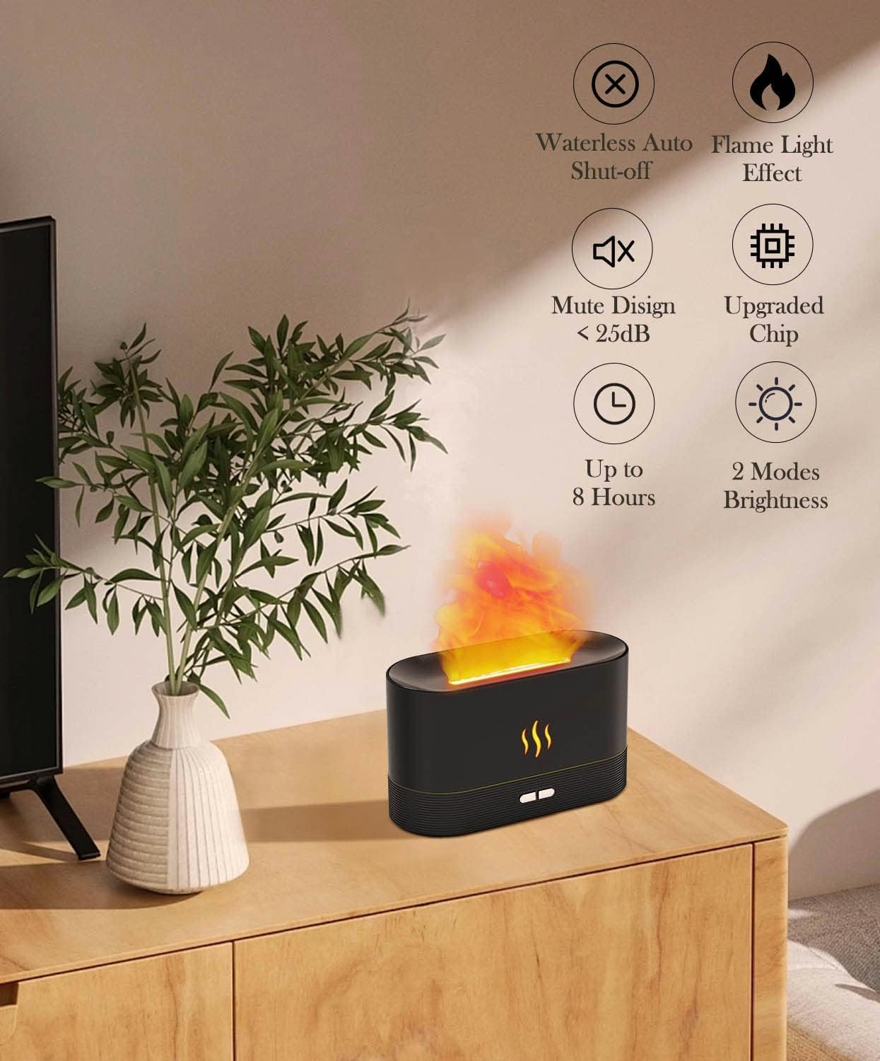 Lifeberg Essential Oil Diffuser with Realistic Flame Effect - 180ml Aromatherapy Humidifier with 2 Adjustable Night Lights & Auto Shut-Off - Perfect for Bedroom, Yoga, Spa & Office Relaxation (Black)