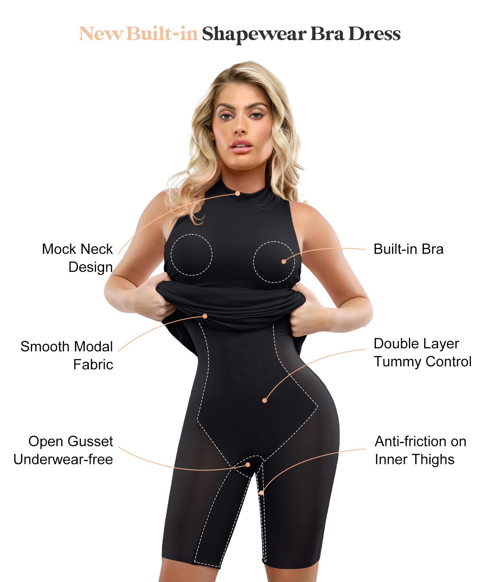Popilush Shapewear Dress with Built-in Bra - Slimming Maxi Bodycon Dress, Mock Neck Sleeveless Summer Dress for Women | Perfect for Weddings, Parties & Date Nights
