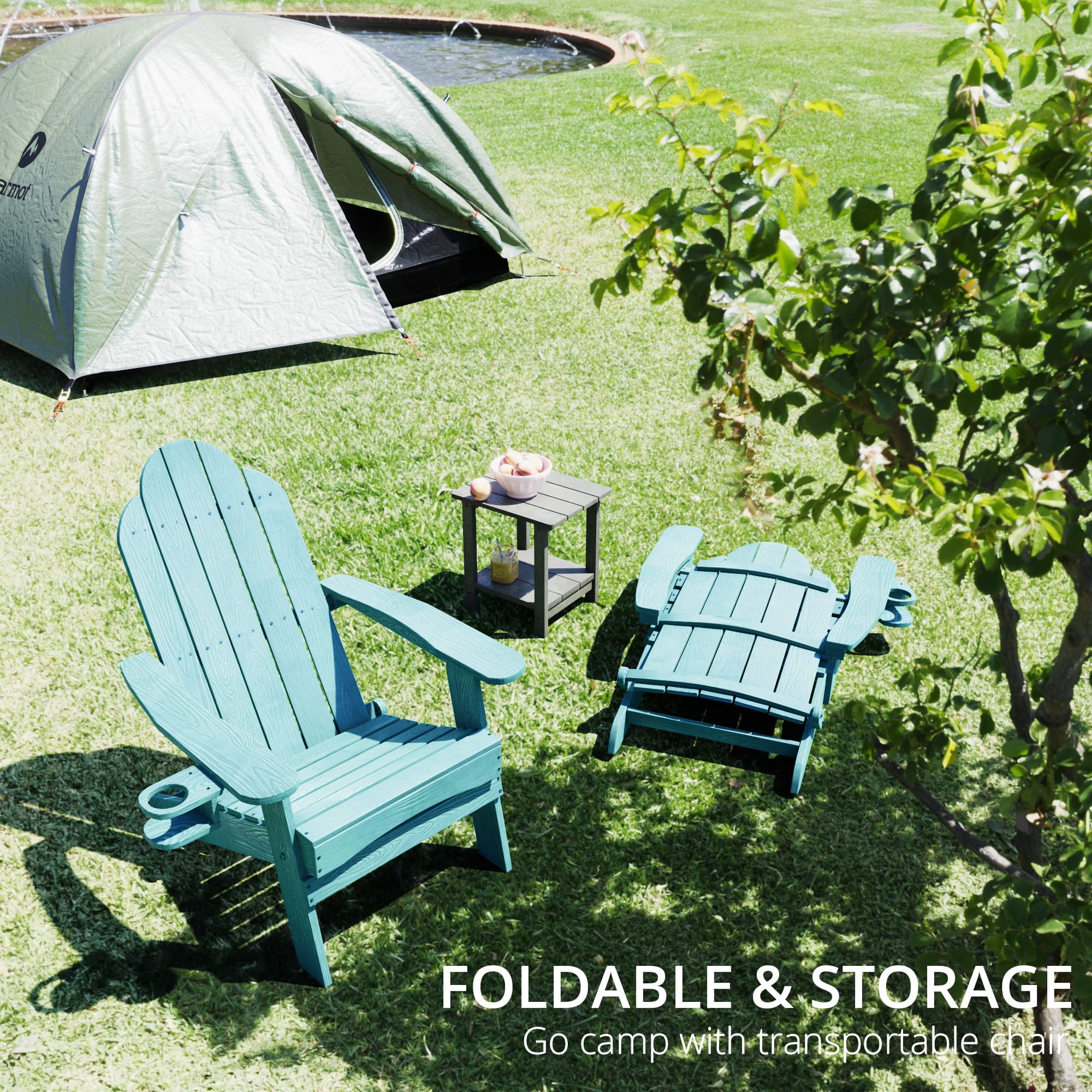 LUE BONA Folding Adirondack Chair Set of 4 - Weather Resistant Blue Turquoise HDPS Plastic Outdoor Chairs with Cup Holder for Patio, Garden, Poolside & Backyard Relaxation