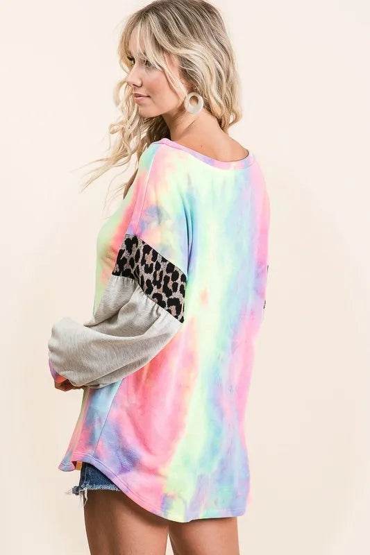 Bibi Tie Dye Terry Top with Contrast Puff Sleeves in Pastel Colors | Women's Fashion Tunic | Casual Wear & Summer Outfits