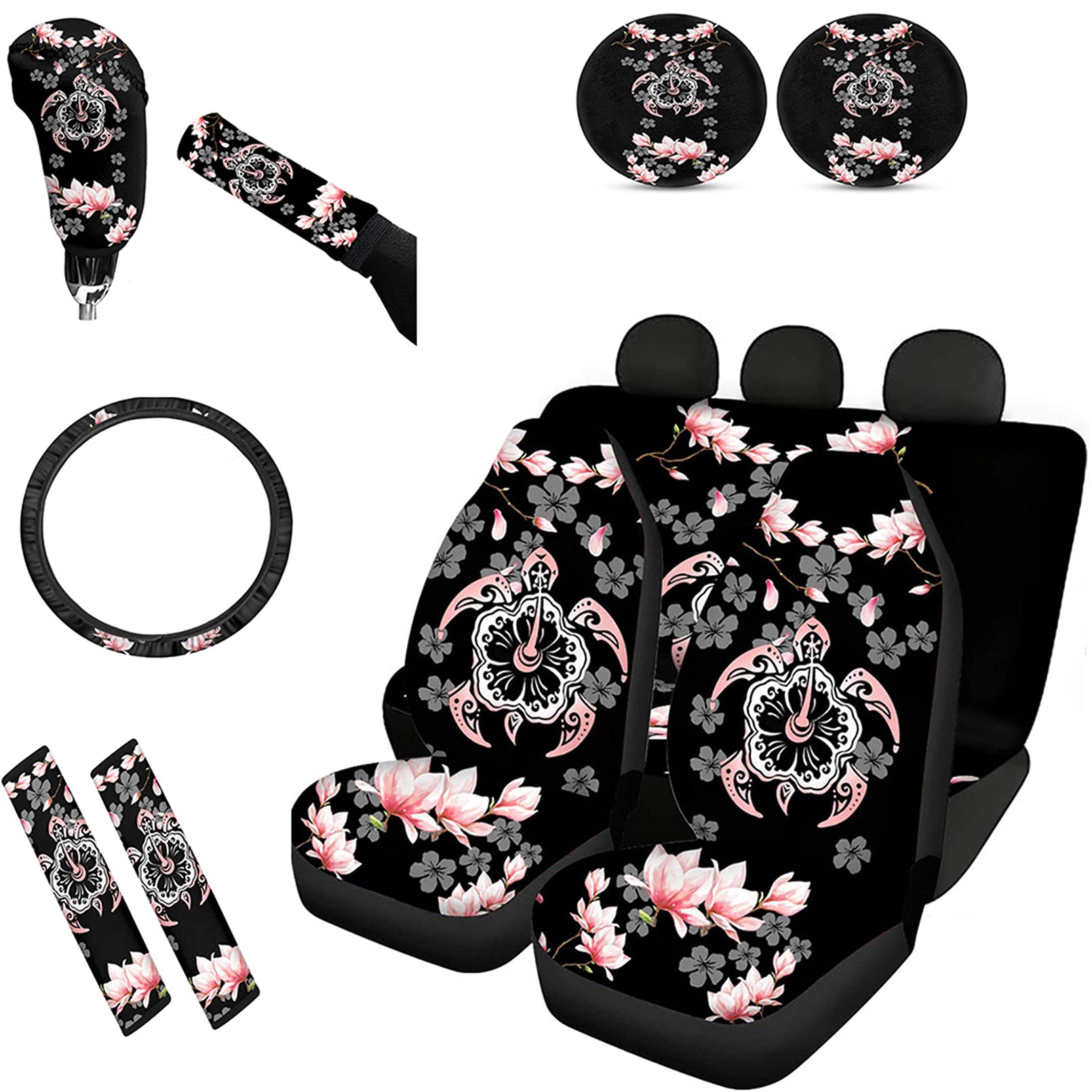 11-Piece Bohemian Floral Car Interior Set for Women - Front & Rear Seat Covers, Steering Wheel Cover, Seat Belt Covers, Gear Shift Cover, Hand Brake Cover & Coasters - Washable Hawaiian Sea Turtle Design - Perfect for Beach Trips & Summer Road Travel