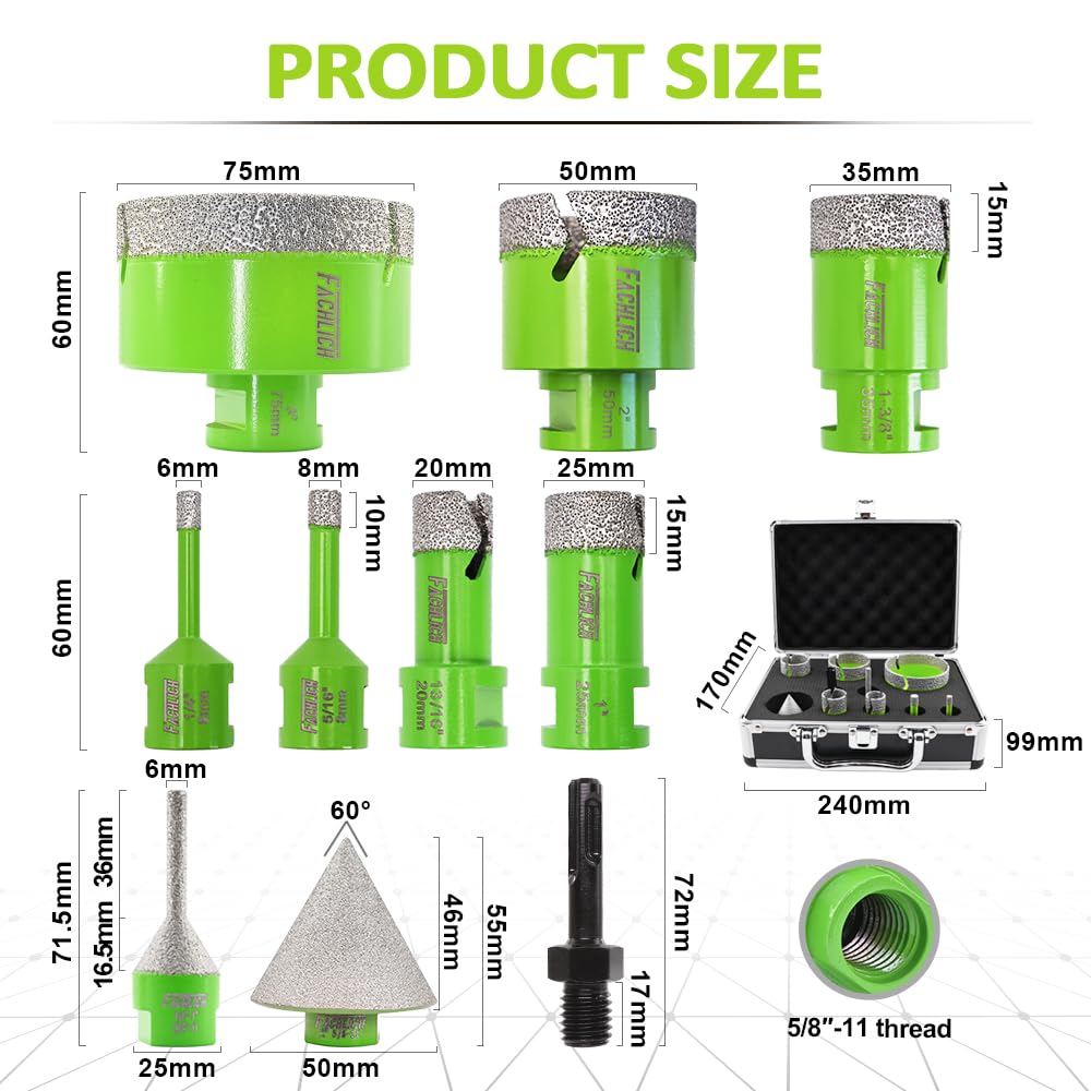 Premium Diamond Core Drill Bits Set - 6/8/20/25/35/50/75MM Tile Hole Saw Kit with 2