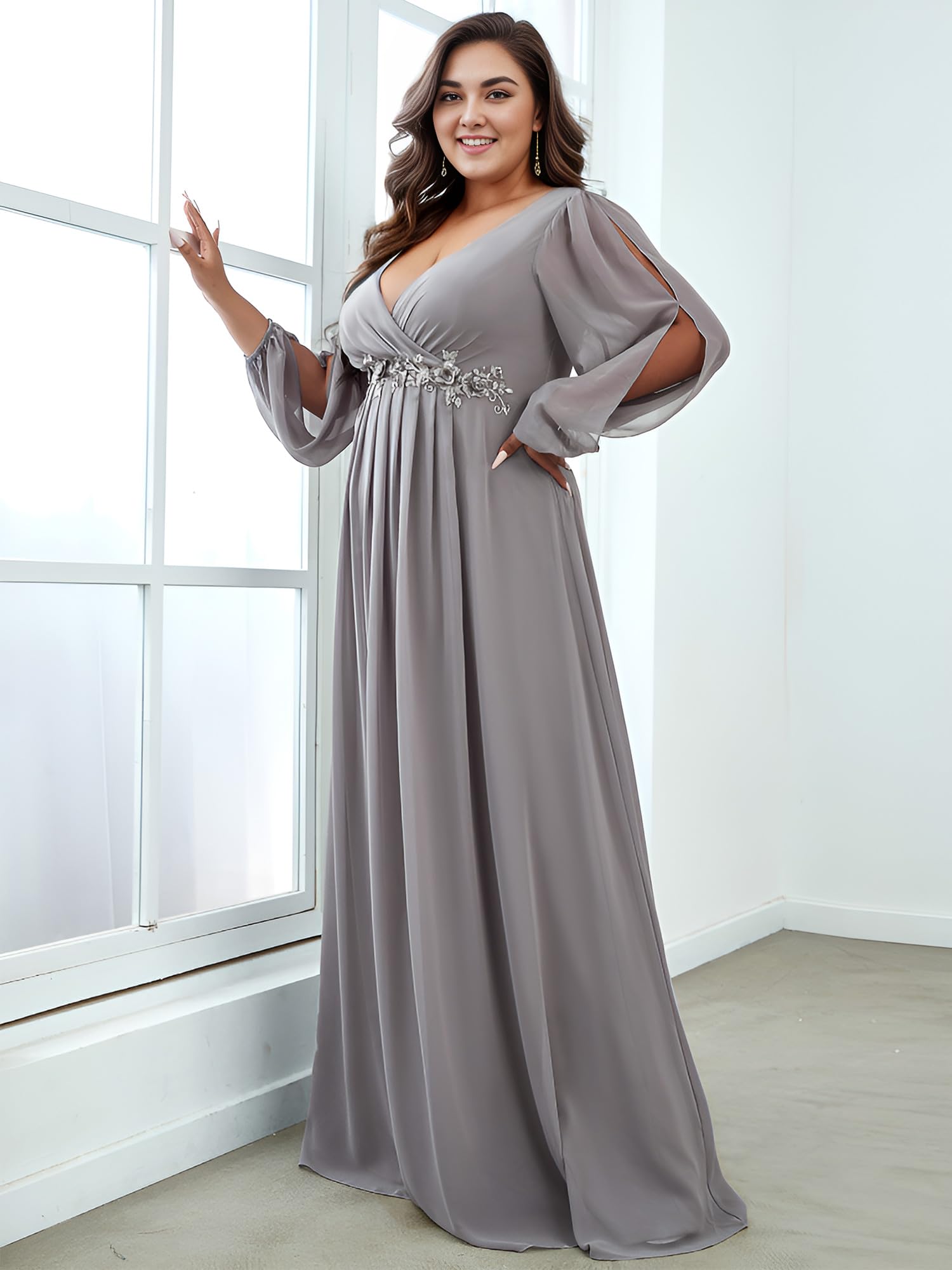 Ever-Pretty Plus Size Women's Formal Dress - V-Neck Floor Length Gown with Lantern Sleeves & Floral Applique for Curvy Women | Wedding Guest, Prom, Evening Party, Special Occasion