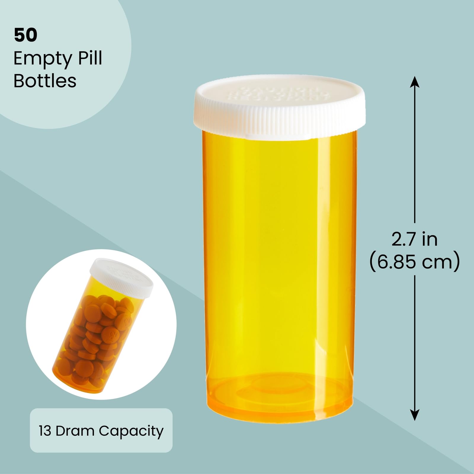 50-Pack Empty Pill Bottles with Child-Resistant Caps - 13 Dram Plastic Medicine Containers for Prescription Drugs, Vitamins & Supplements - Orange Reusable Vials - Perfect for Pharmacy, Travel & Home Organization