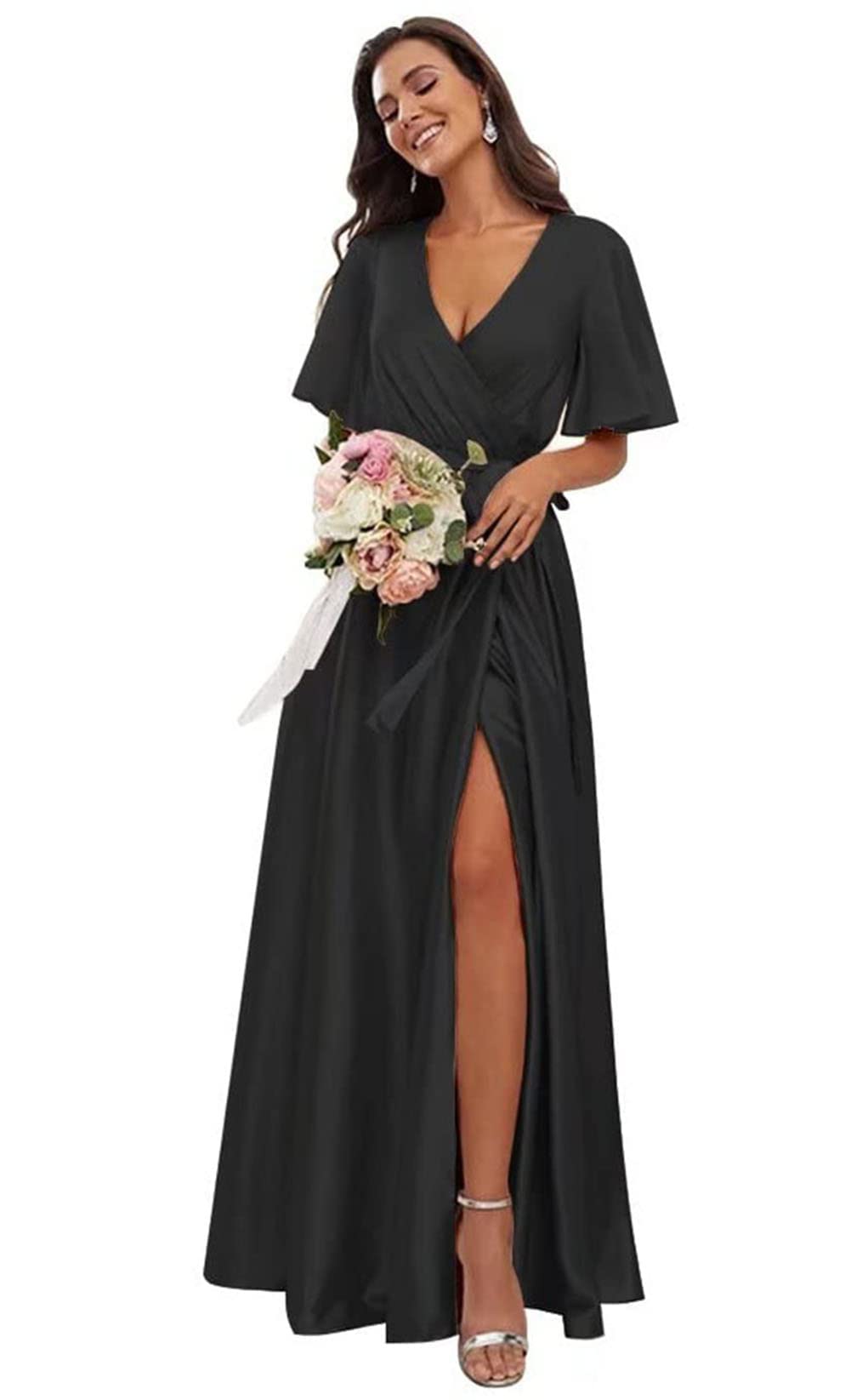 COEYOUES Women's Short Sleeve Bridesmaid Dress - A-Line V-Neck Satin Wedding Guest Dress with High Slit | Perfect for Bridal Party, Formal Events & Evening Occasions