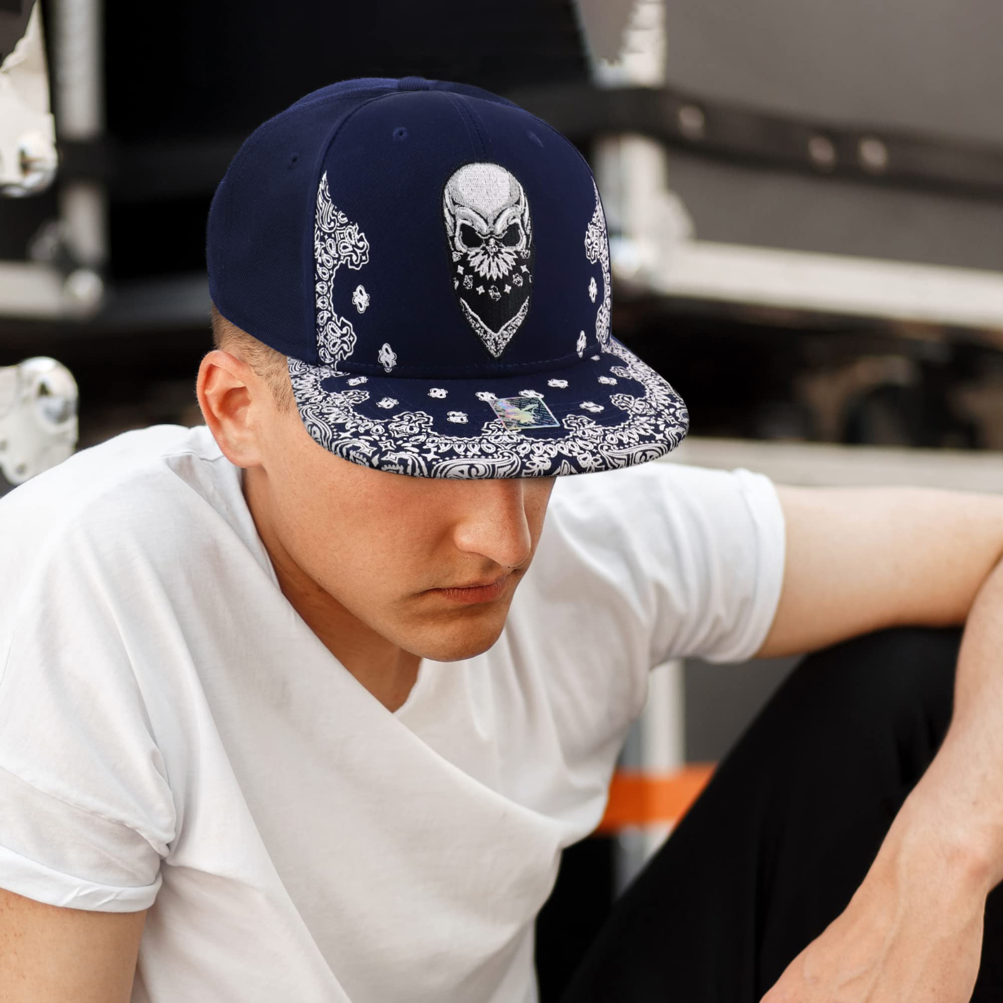 Trendy Skull Bandana Embroidered Paisley Print Flatbill Cap - Gothic Fashion Accessory for Men & Women - Perfect for Concerts, Motorcycle Rides and Streetwear Outfits